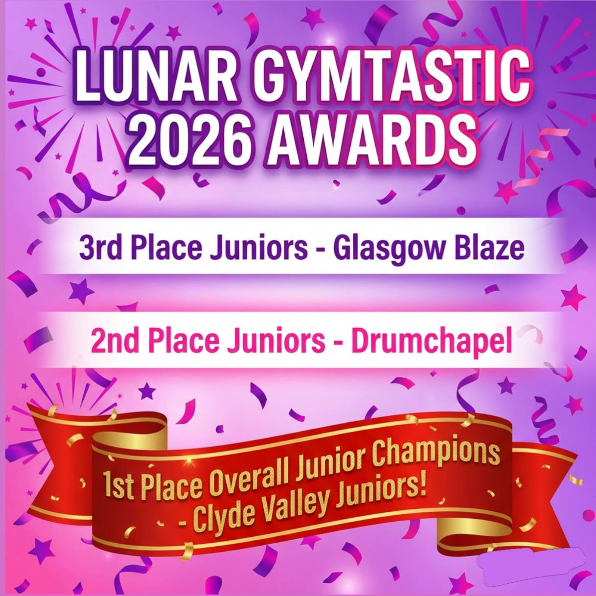 ⭐️GYMTASTIC 2026 AWARDS⭐️
✨Well done to all of our Gymtastic 2026 winners! here are your Junior Winners! Loved every single one🥰
🥉- Glasgow Blaze : Smurfs
🥈- Drumchapel : A night at the musicals
🥇- Clyde Valley Juniors : Snow white 🏆