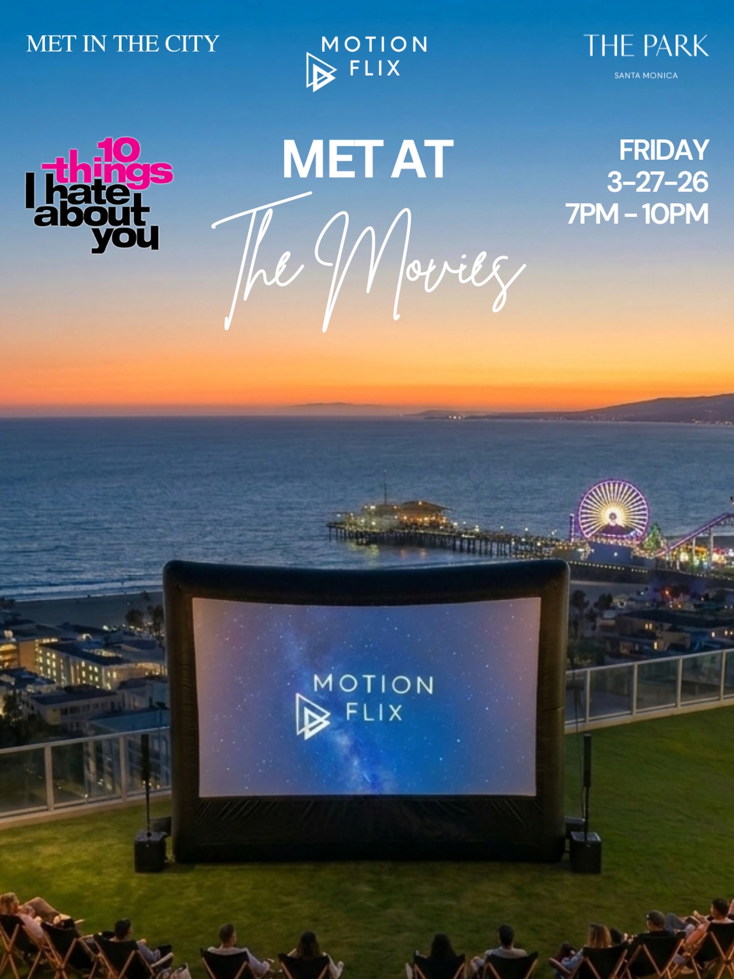 We’re so excited to announce our very first Met at the Movies night with @metinthecity_ at @theparksantamonica 🎬🍿
Enjoy stunning ocean views while watching 10 Things I Hate About You… because honestly, who doesn’t love a little romance with a view? 🌊😍
We believe movie nights should be social🥂 kicking things off with a social mixer, music, and themed cocktails before the film begins. Headphones will be available for those who want to fully lock into the movie 🎧
Seating, headphones and unlimited fresh popcorn included🍿
Tickets are now on sale! Visit the link in our bio for more event info and tickets!🎟️
Tag someone you’d bring with you 👀