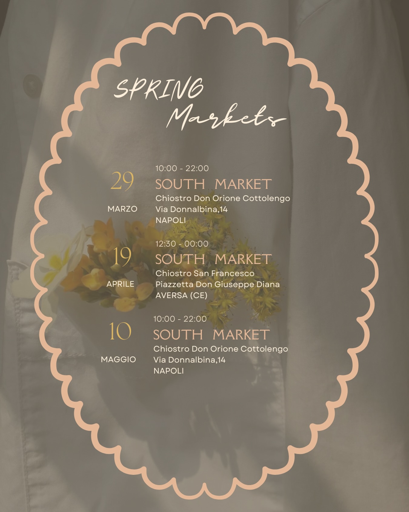 È aperta la stagione degli eventi primaverili🌼
Tabàna continua ad essere felicemente parte della famiglia @southmarketnapoli 🫶🏼
Quest’anno sblocchiamo un nuovo posto meraviglioso: il chiostro di San Francesco ad Aversa e non vediamo l’ora di riempire questa cornice con tanta gioia e amore per il nostro lavoro ⛲️
Vi aspettiamo! 💖