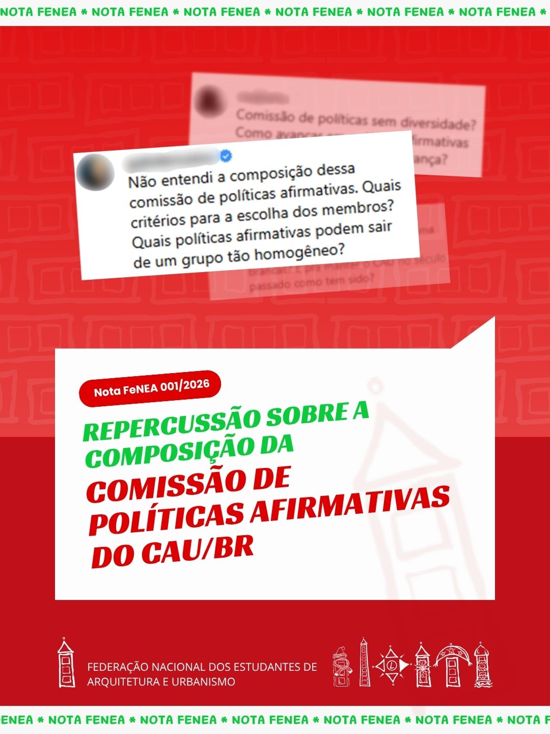A FeNEA propõe ampliar o debate sobre diversidade racial nos espaços de representação da arquitetura e do urbanismo no Brasil.
Diante da proximidade das eleições de 2026 do CAU/BR, este é um momento decisivo para fortalecer a pluralidade e a representatividade na profissão.✊🏾
#fenea #ᴅiversidade #políticasafirmativas