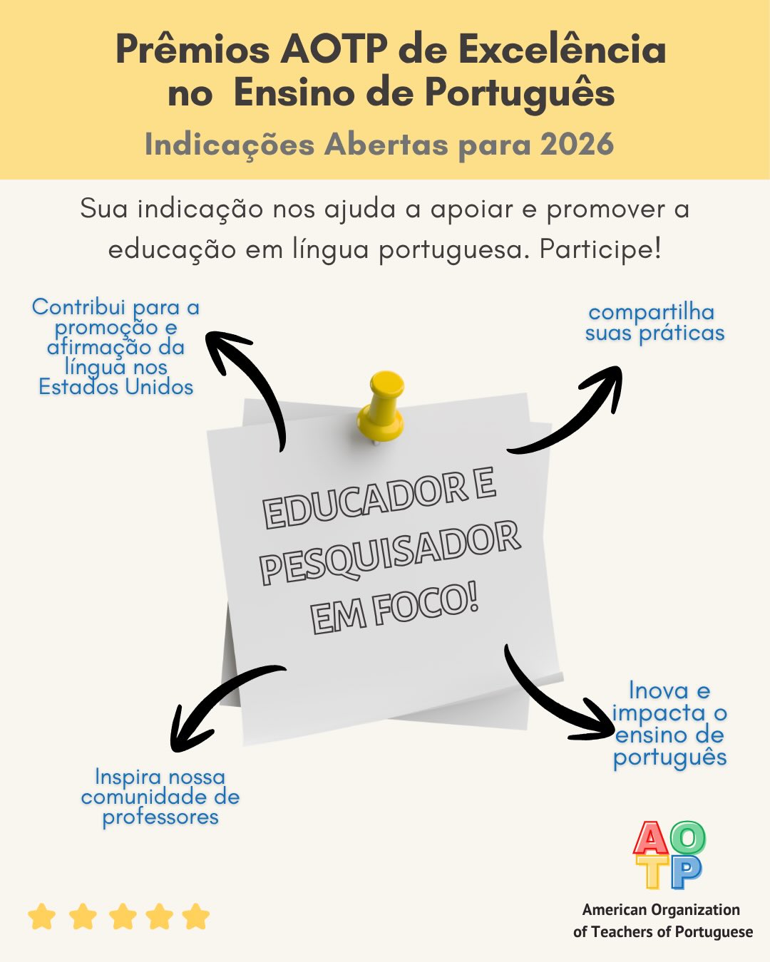 🏆 AOTP Awards 2026: Nominations are open!
Know an educator, researcher, leader, or program making a difference in Portuguese language education in the U.S.? Nominate them!
7 categories • rubric-based evaluation • committee selection
Learn more and nominate at the link in bio.
🌐 aotpsite.net
_______
🏆 Prêmios AOTP 2026: Indicações abertas!
Conhece um(a) educador(a), pesquisador(a), líder ou programa que faz a diferença no ensino de português nos EUA? Indique!
7 categorias • avaliação por rubricas • decisão do comitê
Saiba mais e indique pelo link na bio.
🌐 aotpsite.net
detalhe?
#AOTP #PortugueseLanguage #PortugueseTeachers #TeachingExcellence