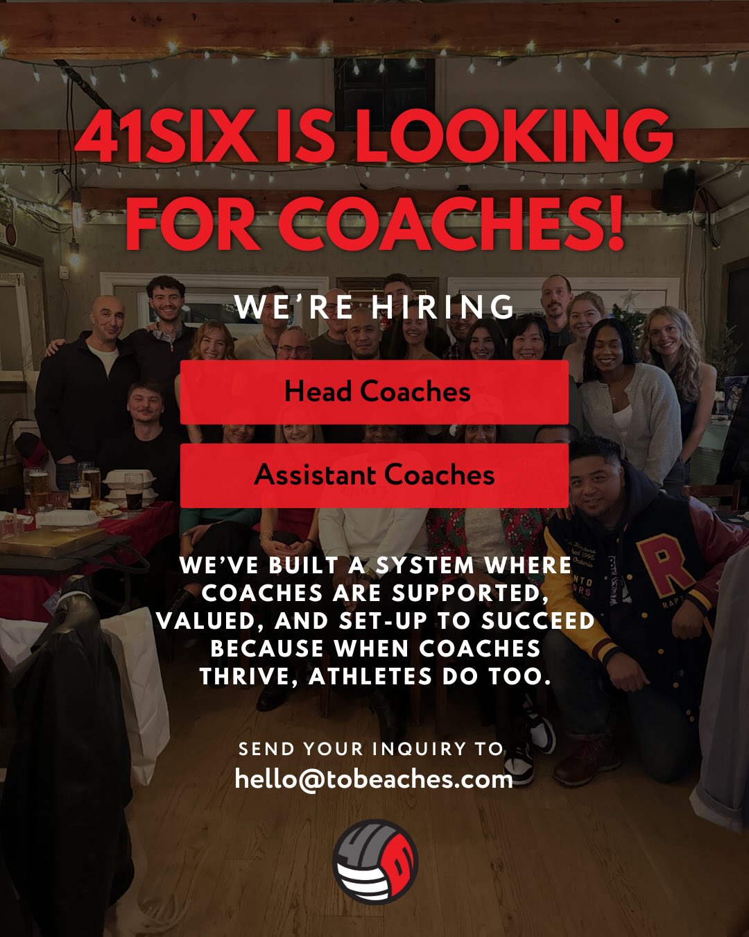 41SIX IS LOOKING FOR COACHES!
41SIX Volleyball Club is recruiting for the 2026 season and we’re looking for passionate, high-impact coaches ready to develop the next generation of athleteS.
WE’RE HIRING:
⭐ Head Coaches
⭐ Assistant Coaches
READY TO JOIN THE 41SIX FAMILY?
📩 Send your inquiry to hello@tobeaches.com
#TorontoVolleyball #ova