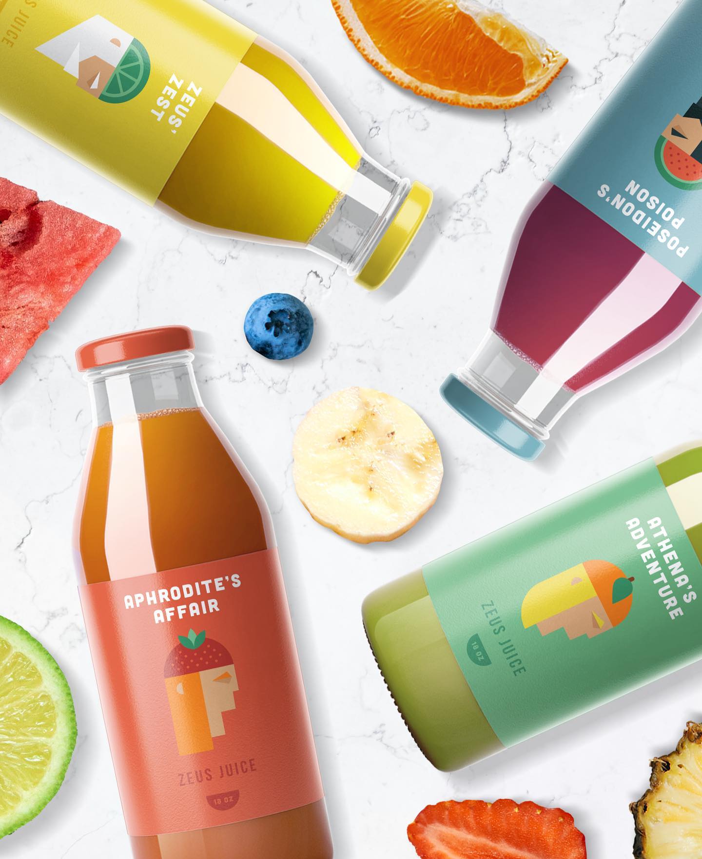 I’ve been refining some old projects in my portfolio recently and wanted to share the results for Zeus Juice.
Swipe for the flavor profiles, featuring Zeus’ Zest, Poseidon’s, Aphrodite’s Affair, and Athena’s Adventure (yes I’m a big fan of alliterations)!
Which juice do you gravitate towards the most?