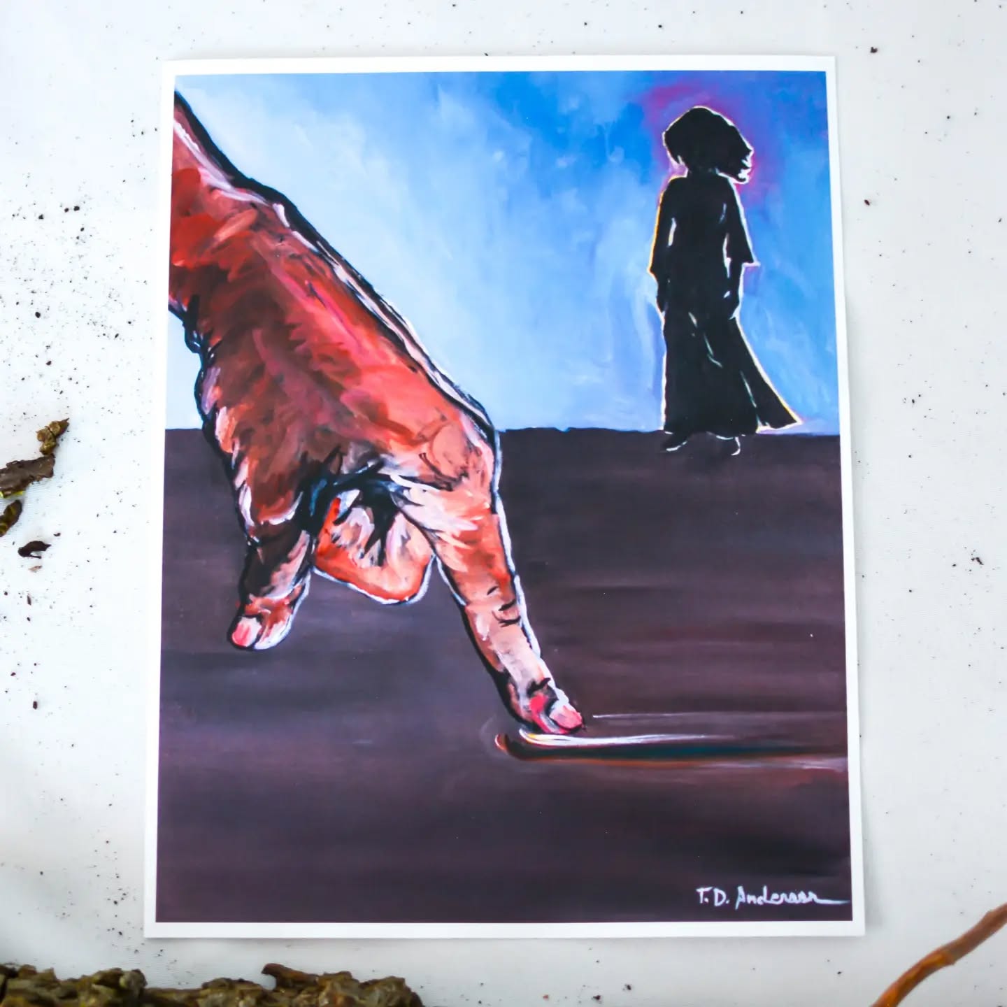 “I often wonder about the backstory of the woman from John 8:2-11. … Whatever her story, the Pharisees bring her to Jesus expecting him to uphold the law’s punitive prescription. Jesus knows it’s a trap. If he concurs with the law, he initiates and must bear witness to an act of extreme brutality that would traumatize anyone who had to watch. If he counters the law, he’s a heretic and should probably be stoned himself. But he outsmarts them and turns their self-righteousness and rage back onto them.
In what should have been the end of her life’s story, this woman now finds herself standing. Whole. Alive. Freed to a new future.”
—from the artist’s statement for “Epilogue” by Rev. T. Denise Anderson (@tdandersonart) | @sanctifiedart