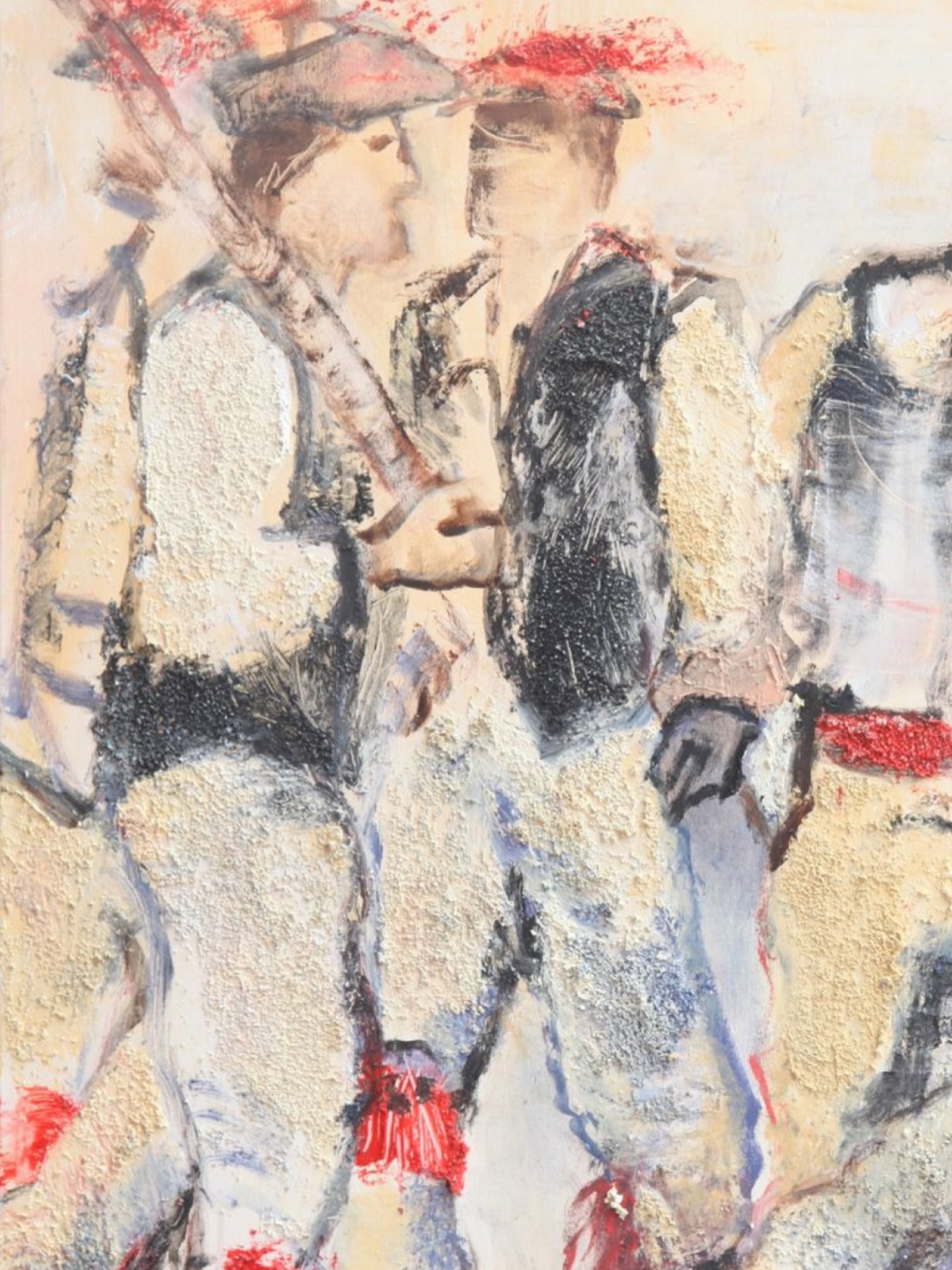 La matière donne corps à la peinture.
Textures, reliefs, sable… le regard peut presque suivre la trace du geste.
“Folklore basque”
Acrylique et sable sur toile
110 × 65 cm
Disponible