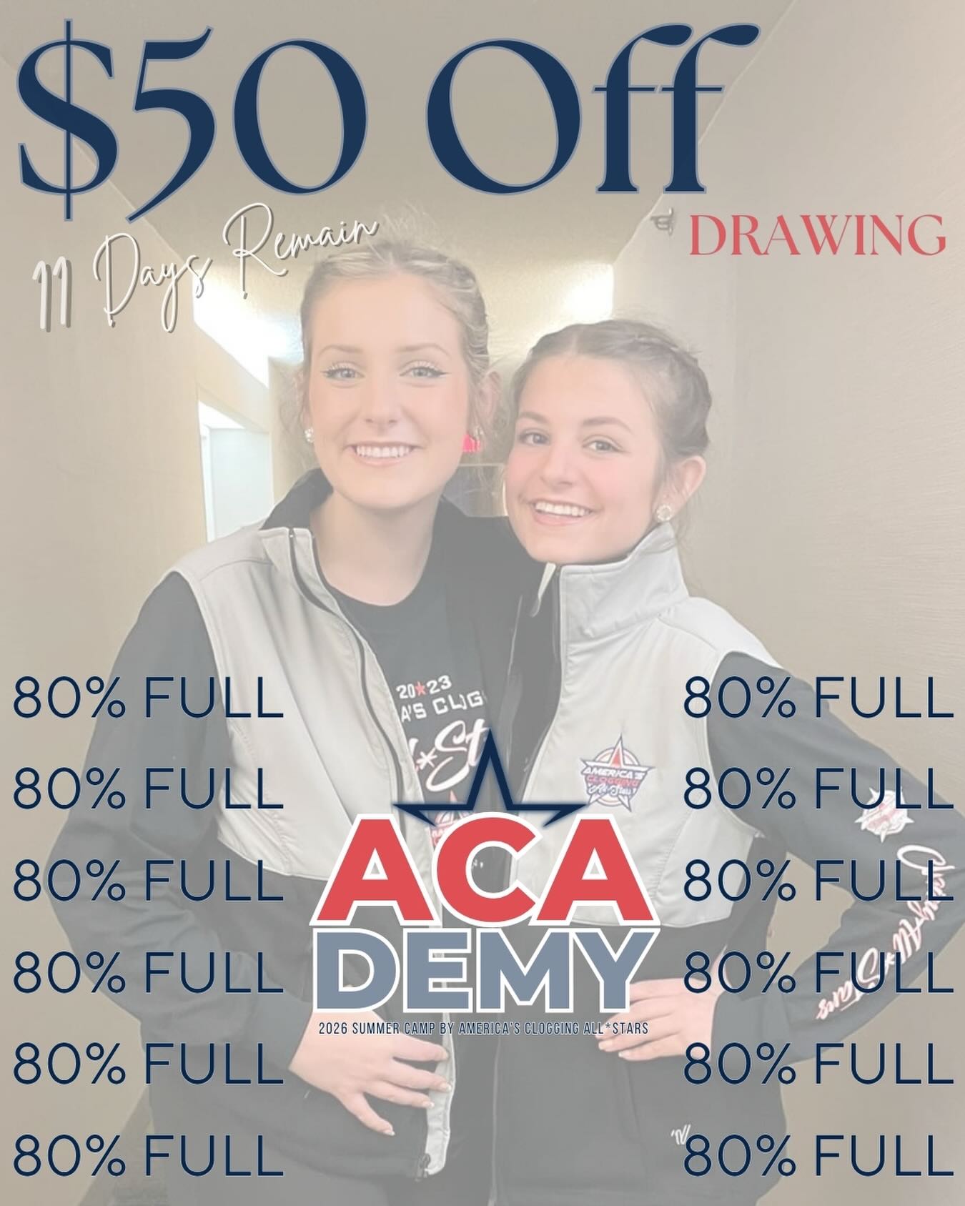 ACAdemy Registration Giveaway – 11 Days Left!
We’re down to just 11 days to get in on the chance to win $50 off your ACAdemy tuition — and camp is already 80% full!
If you’ve been thinking about joining us this summer, now is the time to lock in your spot and get your name in the drawing.
Register for camp by March 31 to be entered into the giveaway. Already registered? You’re in!
Don’t wait — spots are going fast.
Camp Registration Fee increases to $425 after April 15.
www.americascloggingallstars.com/academy