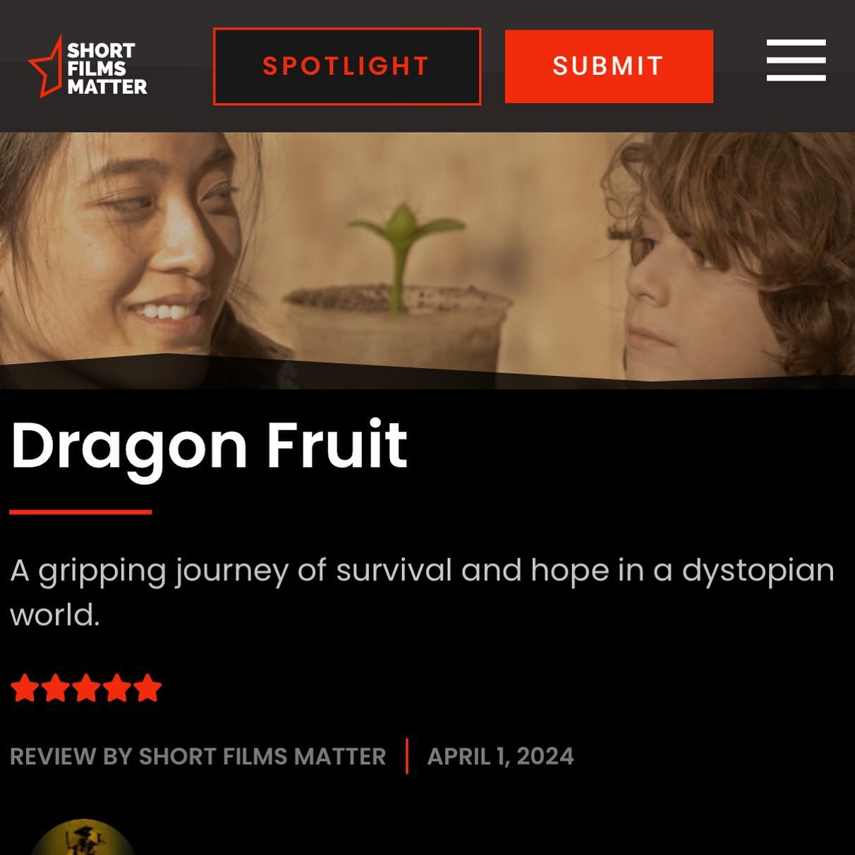 2024 has been really hard so far, and these four little paragraphs were a bright light this week. It feels so good that our hard work is being recognized and resonating with people. This 5-star review from @shortfilmsmatter is going to stick with me for a long time.