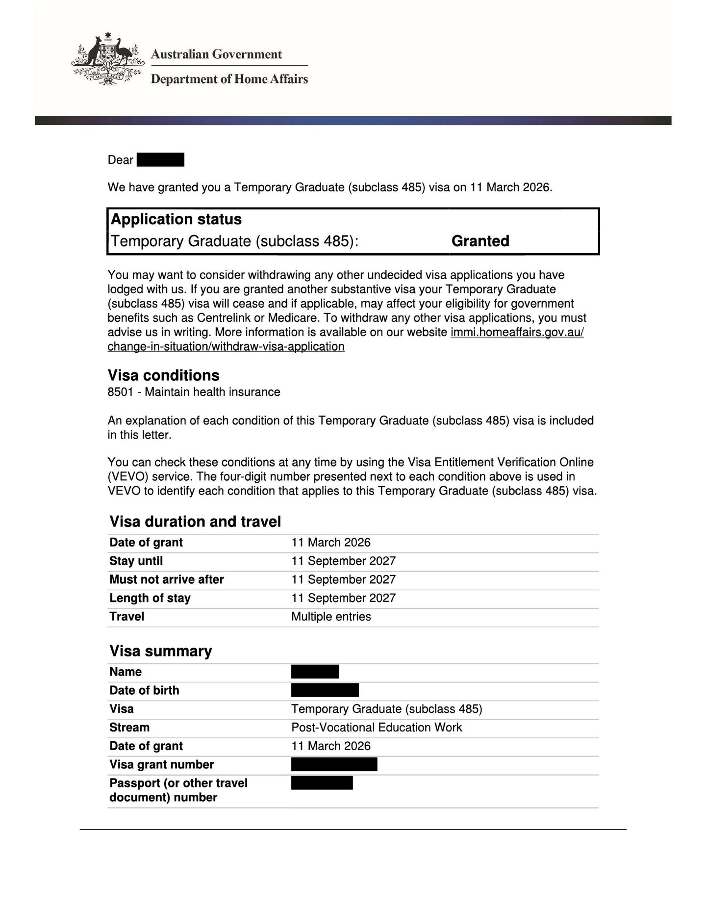 Another fantastic result — Subclass 485 Visa Granted Instantly on the Same Day of Application
Our applicant completed a vocational course meeting the 2 academic year study requirement and received a Subclass 485 visa grant instantly.
Application date: 11/03/2026
Grant date: 11/03/2026
This is a great outcome and an important step toward a long-term migration pathway in Australia.
Possible next steps toward permanent residency may include:
• JRP program
• Subclass 189 visa
• Employer sponsorship pathway
Every case is different, and getting the right advice early can make a big difference when planning the pathway to permanent residency.
For advice on your 485 visa or your next visa options, contact:
Ilgin Azazi
Registered Migration Agent | MARN 2318123
Visa Australia – Consult & Migrate
Phone: 0416049021
Email: info@visa-australia.com.au
Website: visa-australia.com.au
#IlginAzazi #MARN2318123 #VisaAustralia #RegisteredMigrationAgent #Subclass485 #485Visa #TemporaryGraduateVisa #PermanentResidency #PRPathway #EmployerSponsoredVisa #Subclass189 #MigrationAgentSydney #AustralianVisa #VocationalStudy #StudyInAustralia #MigrationAdvice
