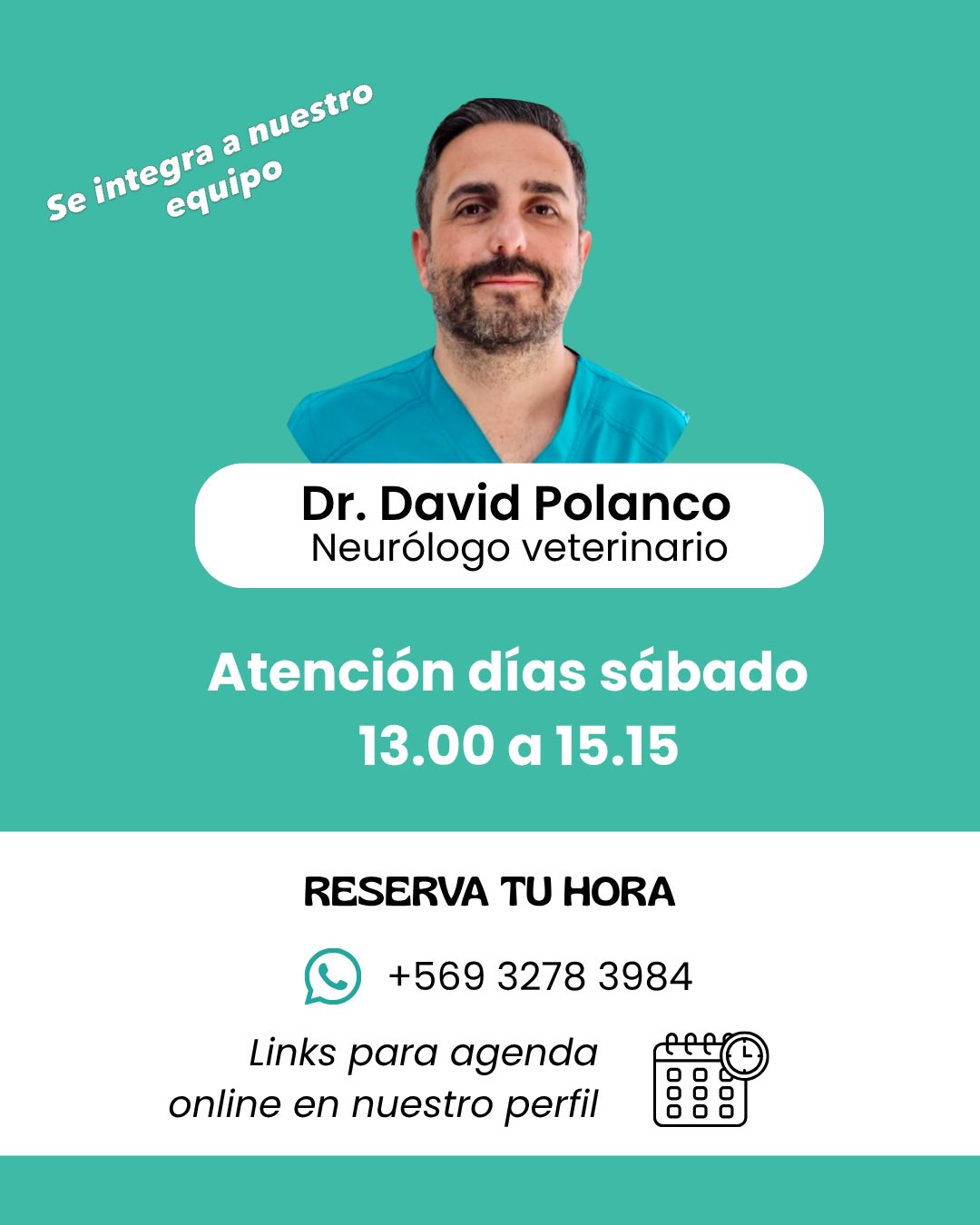 💥Se integra a nuestro equipo el Dr. David Polanco, destacado neurólogo veterinario.
.
👉 ¿Cuándo consultar con un Neurólogo Veterinario?
Si tu perro o gato presenta convulsiones, parálisis, debilidad en patitas, desequilibrio, quejidos al moverse o cambios de conducta inexplicables. Estas señales indican trastornos del sistema nervioso que requieren evaluación especializada para evitar empeoramiento.
.
Agenda ahora a través de nuestro whatsapp o link de agenda online para reservar tu hora con el doctor Polanco.
.
#veterinaria
#perros
#gatos
#nuñoa
#neurologia