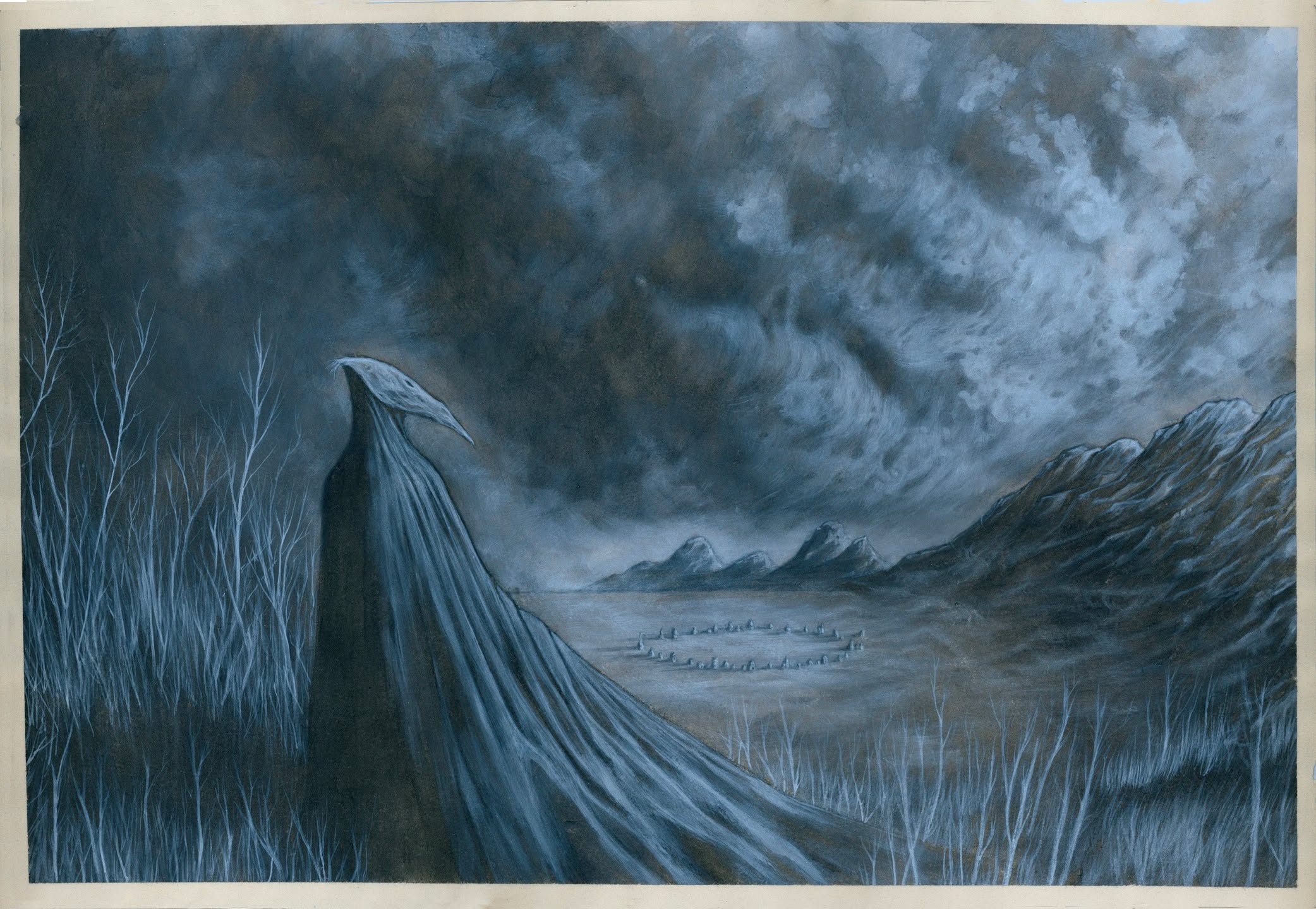 "I observed in the herbage a number of weatherworn stones, evidently shaped with tools. They were broken, covered with moss and half sunken in the earth. Some lay prostrate, some leaned at various angles, none was vertical. They were obviously headstones of graves, though the graves themselves no longer existed as either mounds or depressions; the years had levelled all. Scattered here and there, more massive blocks showed where some pompous tomb or ambitious monument had once flung its feeble defiance at oblivion. So old seemed these relics, these vestiges of vanity and memorials of affection and piety, so battered and worn and stained -- so neglected, deserted, forgotten the place, that I could not help thinking myself the discoverer of the burial-ground of a prehistoric race of men whose very name was long extinct".
A.B.
Un habitante de Carcosa. Acrílico y aguada, 60x40 cm. El boceto al final de carrusel, de 23 x 30 cm, está -tal como el protagonista del cuento- desaparecido.