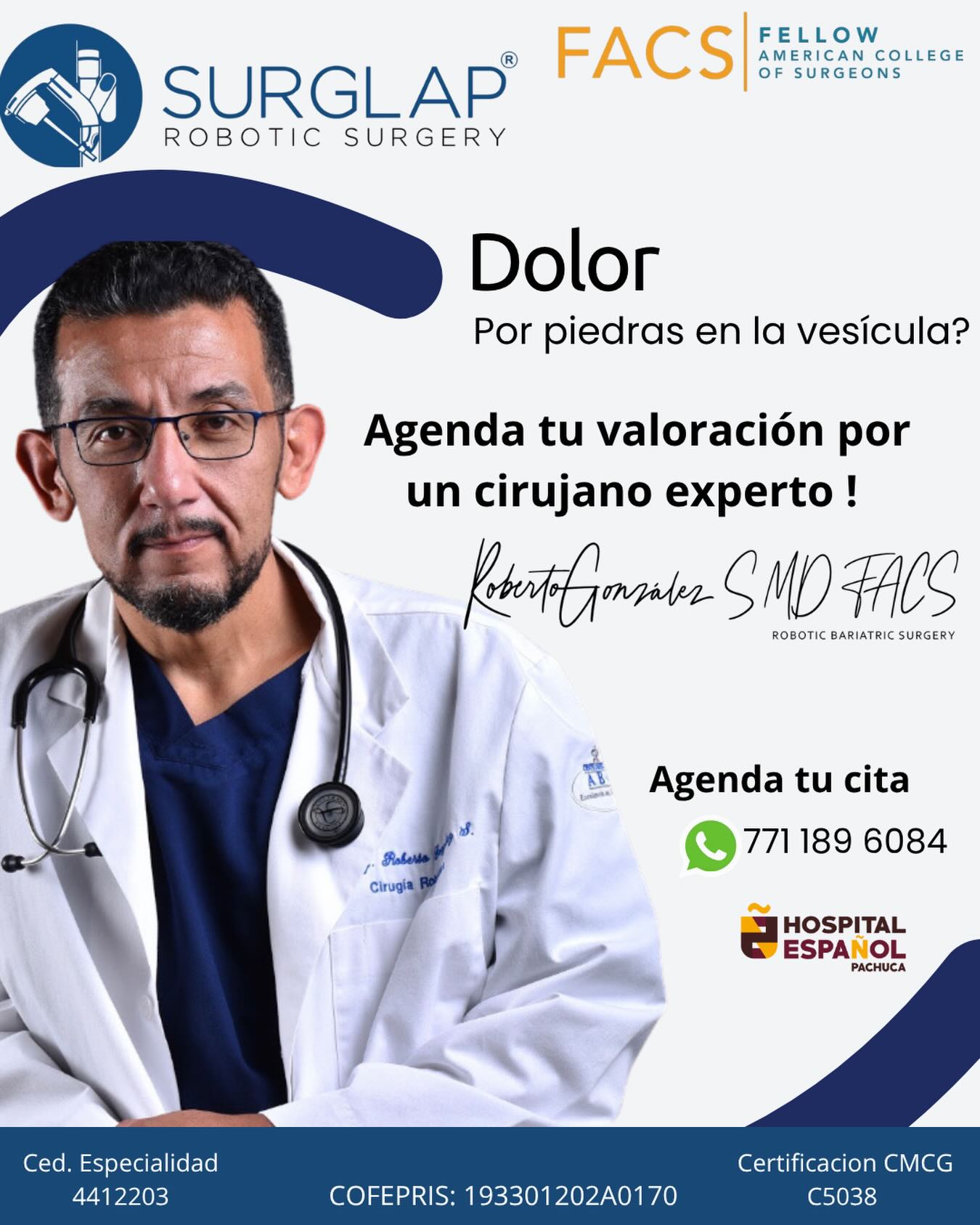 Hay decisiones que cambian tu vida…
y tu salud es una de ellas.
Si llevas tiempo postergando ese paso por miedo, dudas o malas experiencias, no estás solo.
Cada paciente tiene una historia, y mi compromiso es acompañarte en la tuya con seguridad, experiencia y tecnología de vanguardia.
🩺 DR. JUAN ROBERTO GONZÁLEZ SANTAMARÍA
Cirujano General | Cirujano Bariatra | Cirugía Robótica
Fellow del American College of Surgeons
Especialista en:
✔ Cirugía general
✔ Cirugía bariátrica
✔ Cirugía robótica
Procedimientos mínimamente invasivos, enfocados en tu recuperación, tu bienestar y tu confianza.
📍 Hospital Español Pachuca
Consultorio 23
📲 Agenda tu valoración por WhatsApp
Atención directa y personalizada
Acércate a nosotros podemos ayudarte