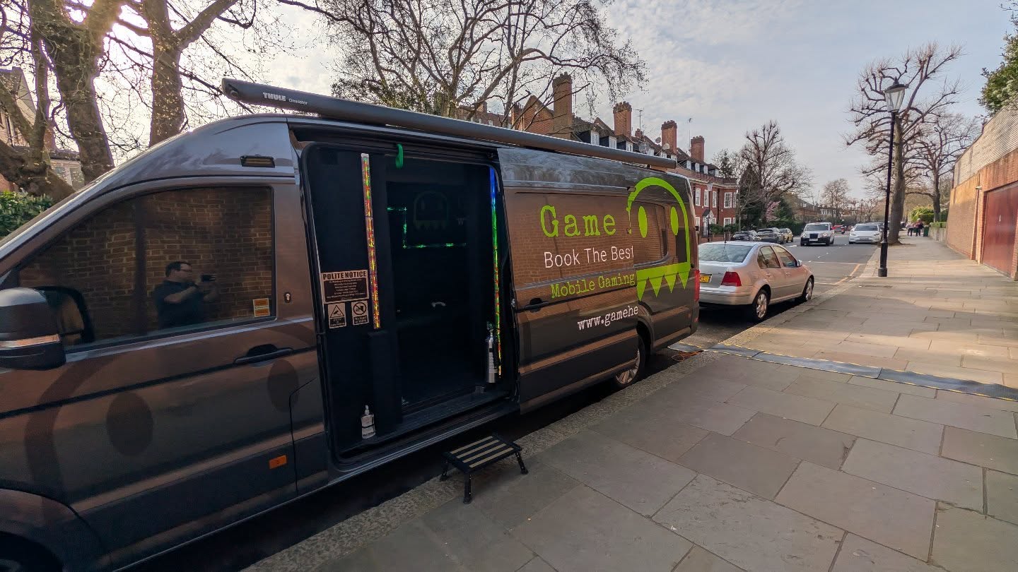 MAX van set up ready for another amazing event.MAX is our flagship van seating 14 players each with their own console. No sharing with us!