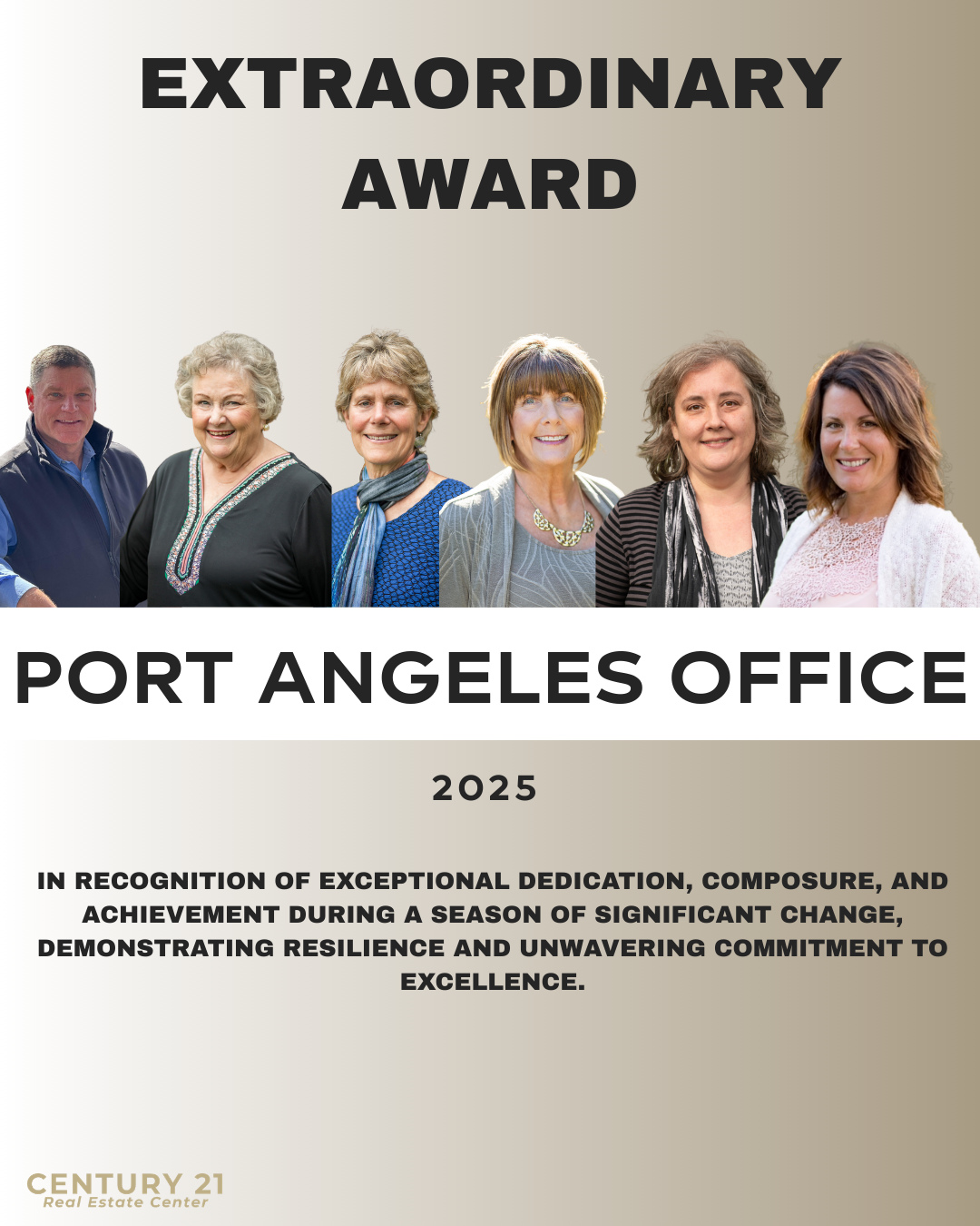 An extraordinary office award for an extraordinary team. The CENTURY 21 Real Estate Center Port Angeles office continues to exemplify leadership, resilience, and unwavering dedication through it all. This recognition belongs to an office that showed up, stayed steady, and delivered excellence together.🌟💙
