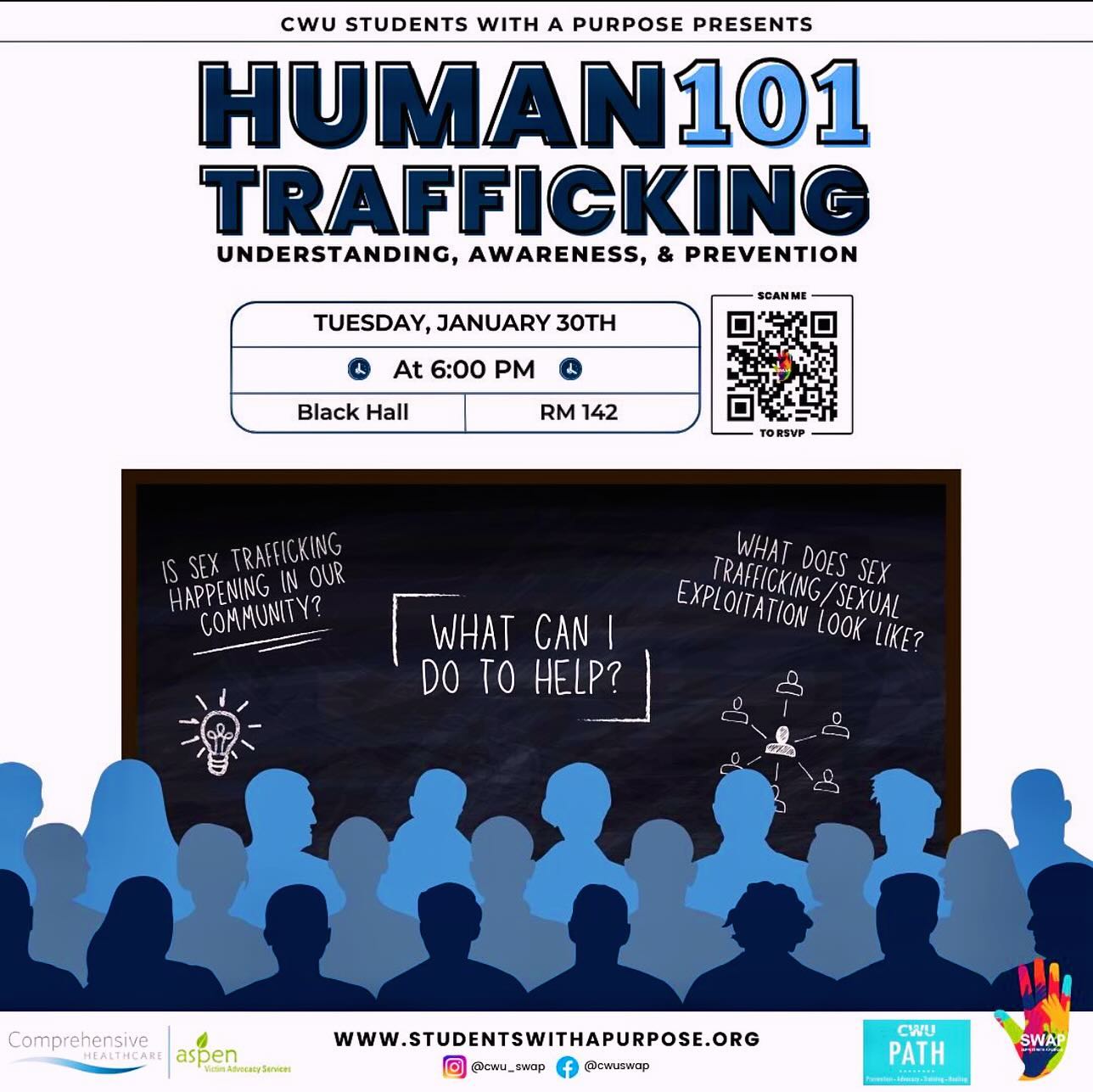 Join @cwu_swap this Tuesday as they collaborate with Aspen Victim Advocacy Services and @cwu_path for an event focused on the awareness, understanding, and prevention of human trafficking.
RSVP on the CWU SWAP Website located in their IG bio. #humantraffickingawareness