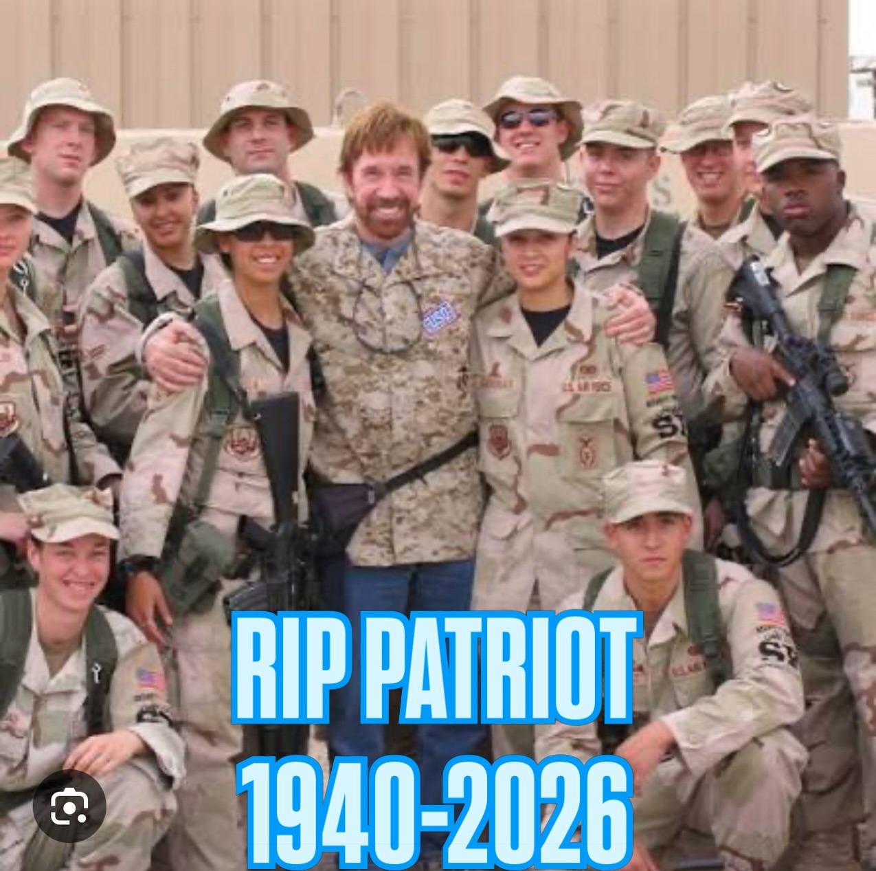 Chuck Norris. An Air Force veteran, lawman both on/off the screen. A man of the people, devoted father, husband and grandpa. Lastly a great PATRIOT. You will be missed sir! 🤙🏻🇺🇸