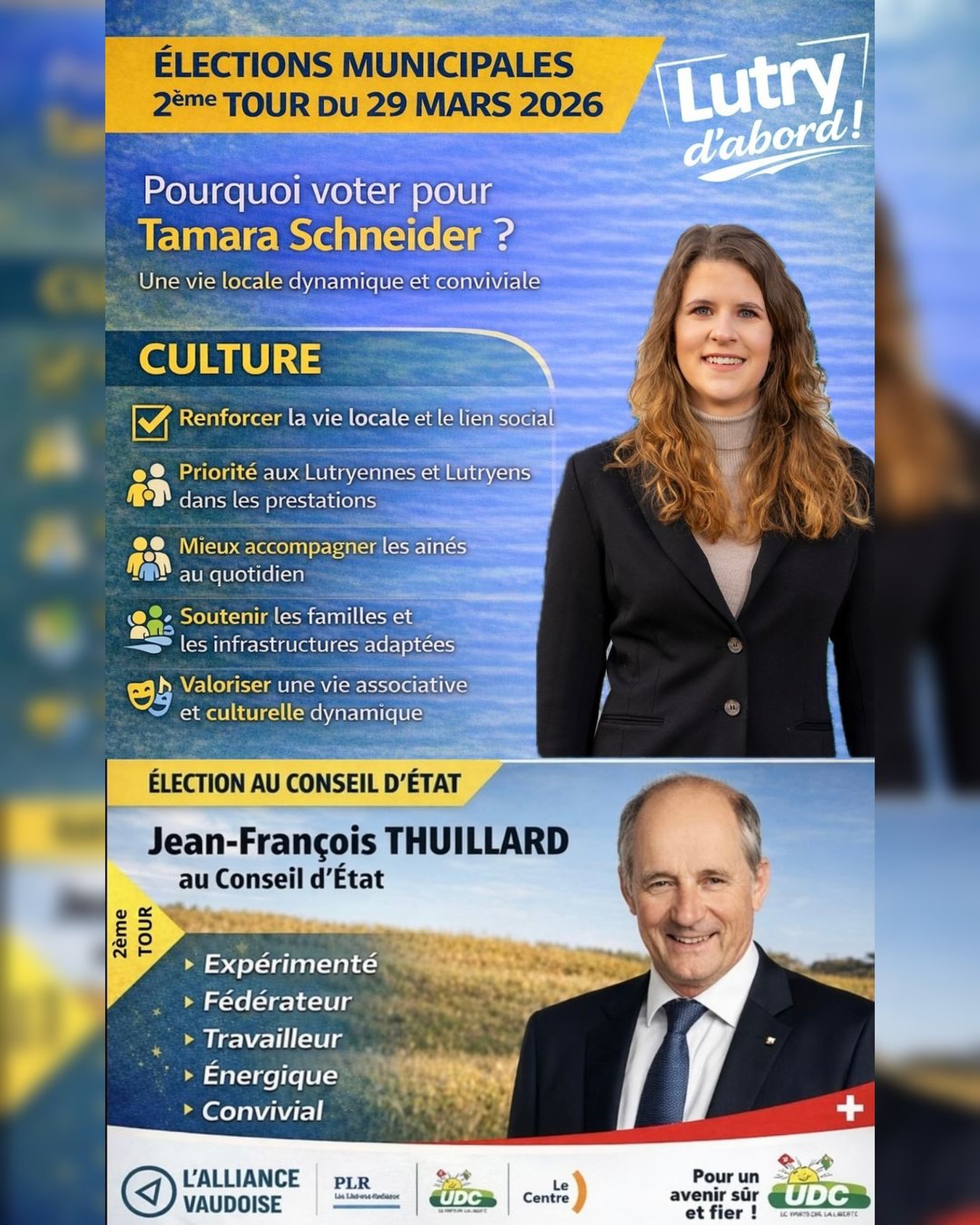 🌿 CULTURE
Une vie locale dynamique et conviviale pour Lutry 🤝
Soutenir les familles, les aînés et la vie associative, c’est renforcer le lien social au cœur de notre commune.
🗳️ Je compte sur votre soutien le 29 mars,
et sur votre vote pour Jean-François Thuillard au Conseil d’État.
#ec2026 #culture #lutry #udc #elections