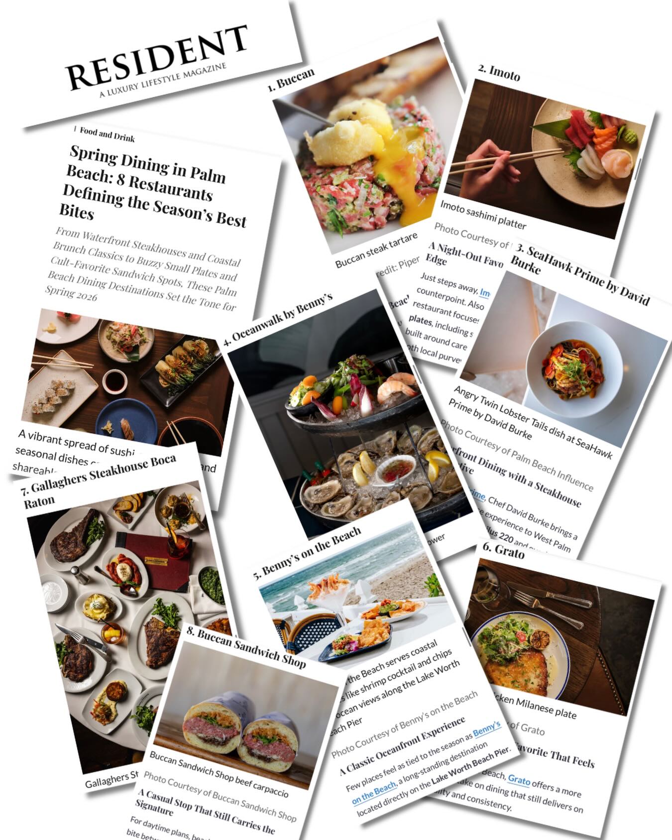 When eight out of eight of the restaurants "defining the season" are your clients, you know you're doing something right. @carlibrinkmanpr is proud to work with the very best, as is reported in this feature in @resident.magazine highlighting the best restaurants in The Palm Beaches right now, including all CARLI PR clients: @buccanpalmbeach , @imotopalmbeach , @seahawkprimebydb , @oceanwalkbybennys , @bennysonthebeach , @gallaghersboca , @gratowpb , and @buccansandwichshop