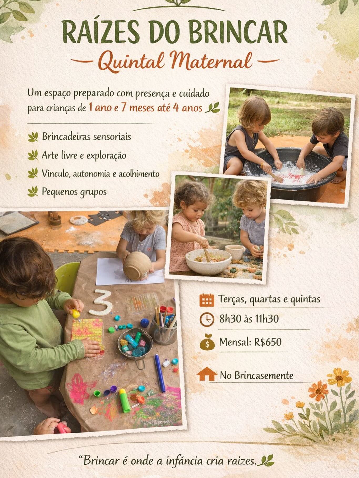Entre terra, cores e descobertas,
as crianças encontram um espaço seguro
para brincar, explorar e crescer com liberdade.
✨ Um quintal preparado com cuidado e presença
✨ Experiências sensoriais, arte e natureza
✨ Respeito ao tempo e à essência de cada criança
🌿 Um lugar onde o brincar floresce e cria raízes.
📍 No Brincasemente
👩🌾 Acompanhamento das educadoras Magali e Alice
🌼 Inscrições abertas | 3 vagas disponíveis
🎁 A mensalidade para o Brincar Livre está inclusa !
Qualquer dúvida estamos a disposição 🥰