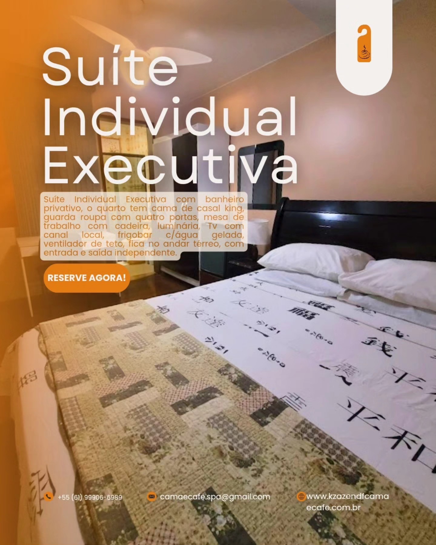Suíte Individual Executiva!
Pensada para quem viaja a trabalho ou busca tranquilidade com estilo, ela oferece ambiente climatizado, Wi-Fi de alta velocidade, espaço para home office e cama super confort