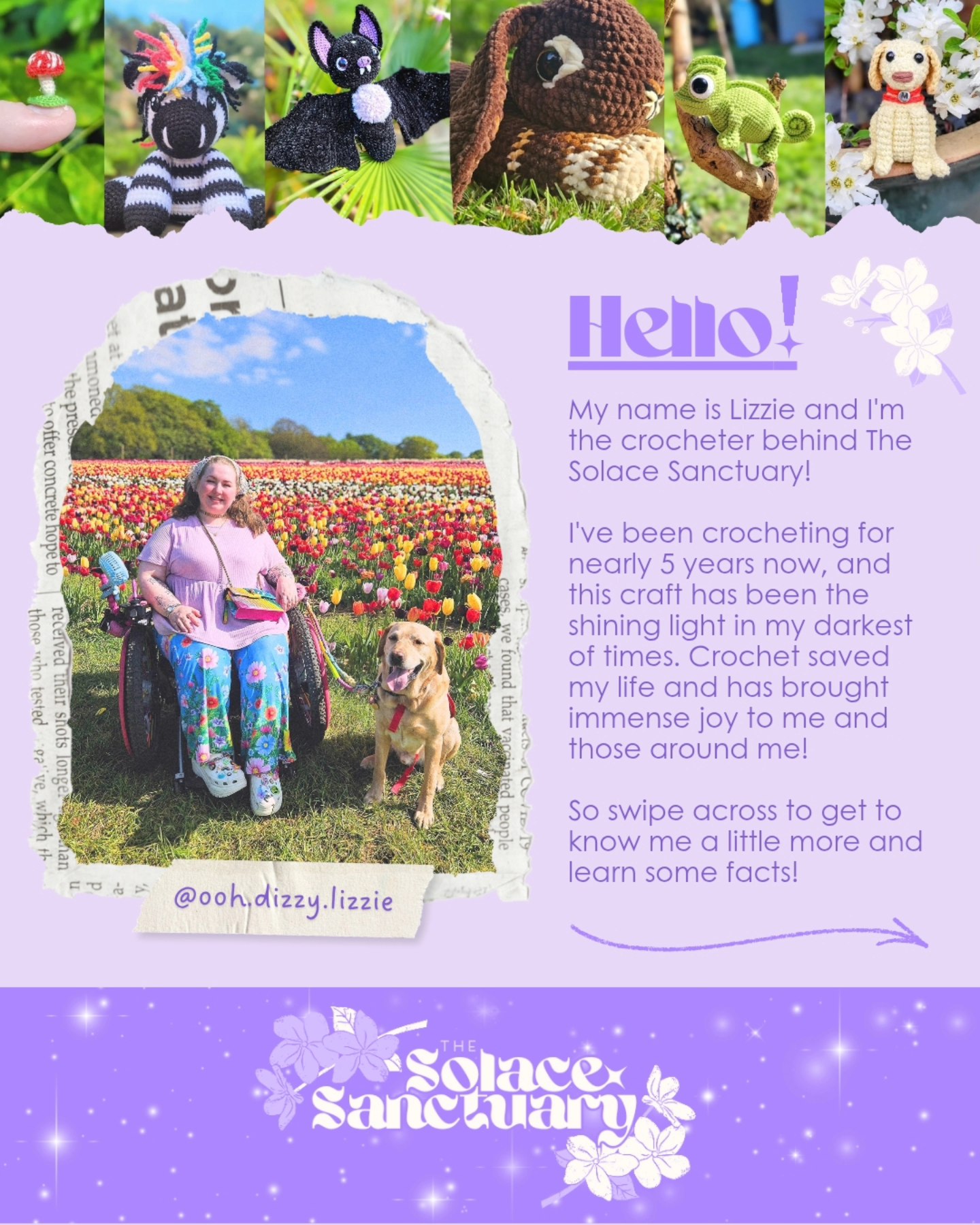 #AmiguruMay2025 Day 3: Introduce yourself! 💁🏻♀️
Hello, hi! I'm Lizzie, nice to meet you ☺️🫶🏻✨️🔮
I'm a 29 year old disabled babe who loves to hoard craft materials and is always on the look out for a new hobby to get stuck in to 🤭
I have a wonderful and gorgeous Medical Alert Dog who has quite literally saved my life by alerting to oncoming blackouts and idiopathic anaphylaxis episodes 🐕🦺 he's my wet nosed knight in furry armour ❤️🐾
I LOVE to read and listen to audiobooks, and I got my first bookish tattoo this year! 📚
I'm so lucky to have found crochet during my darkest chronic illness days. It's my happy place and a little slice of Solace 🥰✨️🧶
.
.
.
.
.
.
.
.
.
#AmiguruMay #crochetersofinstagram #crochetlover #crochetaddict #crocheter #crochetlife #amigurumiaddict #crochetcorner #happyplace #stitchbystitch #stitchersgonnastitch #crocheteveryday #crochetersofinstagram #introduceyourself #nicetomeetyou #thisisme