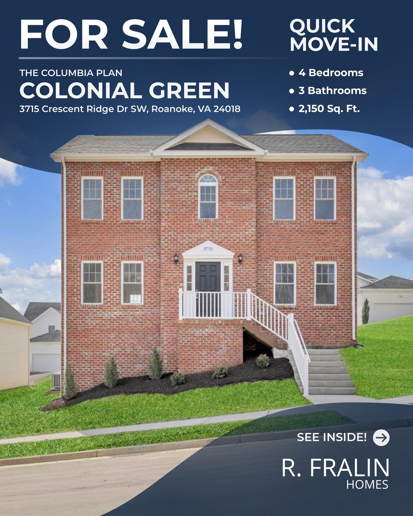 Now available in the Colonial Green community in Roanoke, VA!
The Columbia floor plan by R. Fralin Homes offers the perfect balance of open living space and functional design, making it ideal for both everyday living and entertaining guests.
This home is in the perfect location to explore all Roanoke has to offer, with easy access to shopping, dining, and local amenities!
If you’re searching for a new construction home in the Roanoke area or looking to build your dream home, our team is here to guide you every step of the way.
Reach out today to learn more or schedule a tour!
📞 (540) 761-6371
✉️ sales@rfralinhomes.com
#forsale
#RoanokeValleyHomes
#roanokerealestate
#newconstructionhomes
#rfralinhomes