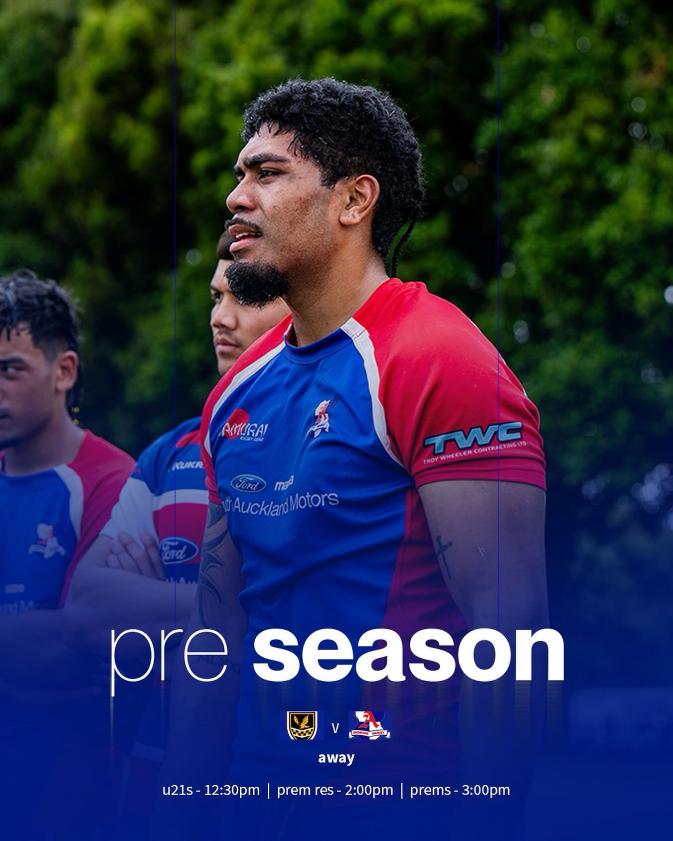 final hit out for pre season this saturday.
away at @edenrugbynz tomorrow for our prem, prem res & u21s
u21s | kick off 12:30pm
prem res | kick off 2:00pm
prems | kick off 3:00pm
gribblehirst park, 225 Sandringham Road, Kingsland
get along and support our men 🔵⚪️🔴
