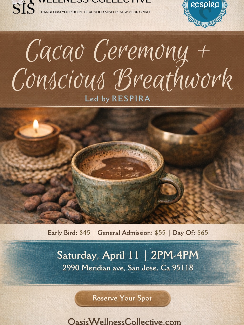 Join us for a Cacao Ceremony + Conscious Breathwork led by Respira at OASIS.
This experience is designed to help you reconnect with your body, release what feels heavy, and create space for clarity.
Cacao gently opens the heart.
Breathwork moves what feels stuck.
Together, they guide you back to yourself.
If you’ve been feeling overwhelmed, disconnected, or just needing a reset… this is your invitation.
Come as you are. Leave feeling lighter, grounded, and more aligned.
Early Bird: $45
General Admission: $55
Day Of: $65
Spots are limited.
Reserve your space.
https://www.oasiswellnesscollective.com/
#OasisWellness #BreathworkHealing #CacaoCeremony #NervousSystemHealing #SanJoseWellness HealThroughMovement MindBodyConnection Respira WellnessCommunity SelfHealingJourney