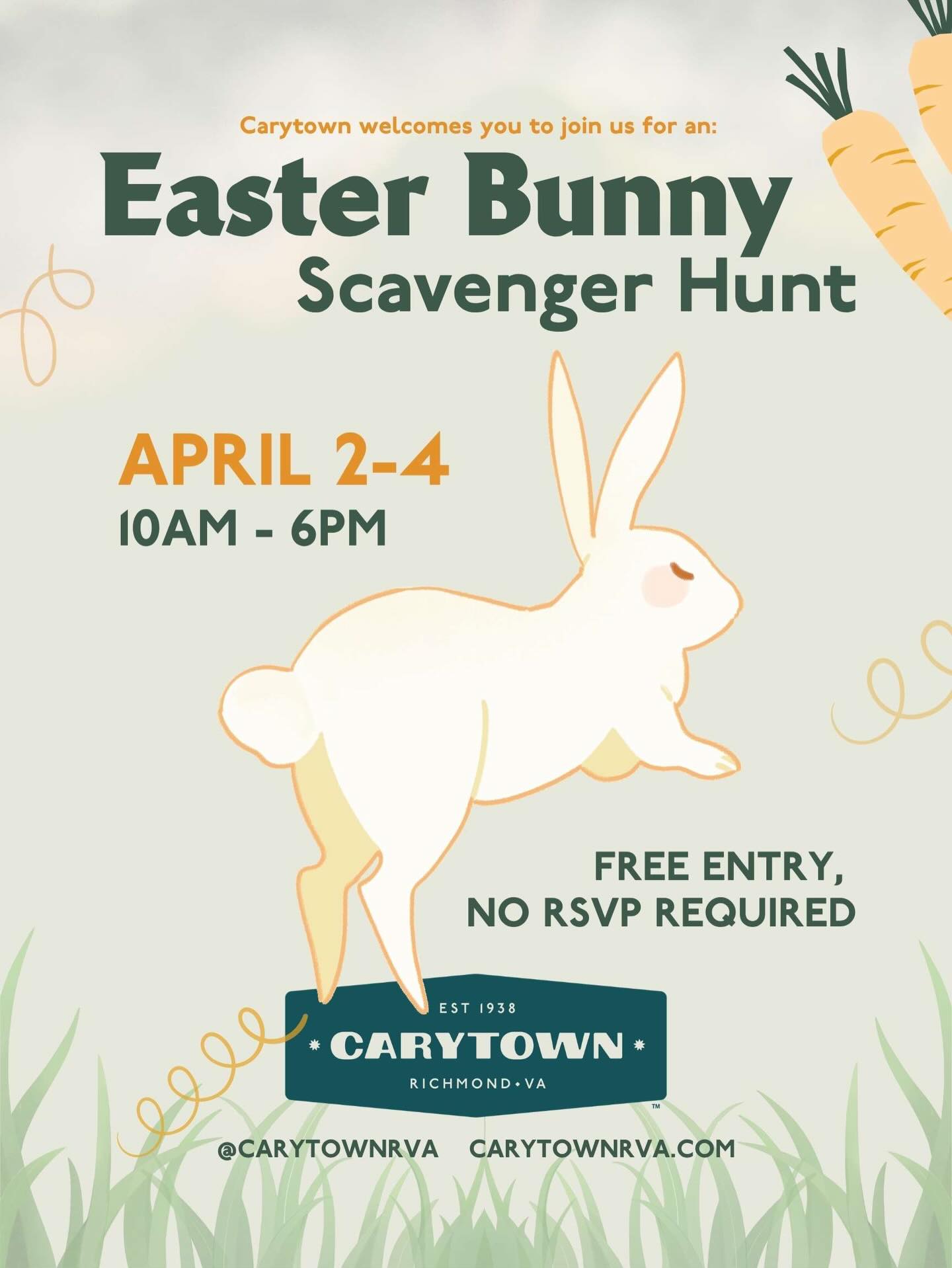 Hop into the Easter spirit with the Carytown Easter Scavenger Hunt! Explore participating stores to find the hidden Easter Bunny. Once you spot it, head to the counter to get your map signed.🐰
How it works:
-Visit 10 stores for 1 entry.
-Visit 15 stores for 3 entries.
-Visit ALL 20 stores for 8 entries!!
Complete the required stops for raffle entry, fill out your contact information, and drop off your map at one of the designated locations listed on your map.
Participating businesses are:
- @alternativesboutique
- @beastiesrva
- @plan9music
- @minglewoodbakeshop
- @evrichmond
- @fullcircle.rva
- @homesweethomerva
- @burgerbach
- @dogmarva
- @worldofmirth
- @ladlesandlinenskitchenshoppe
- @black_rabbit_tattoo
- @fuelpumprva
- @warbyparker
- @point5rva
- @bygonesvintage
- @ashbyrva
- @cloverkids_rva
- @forloveofchoc
- @spiceandtea.richmond
Grand prize winner will receive gift card bundle totaling to at least $400 to these participating businesses.