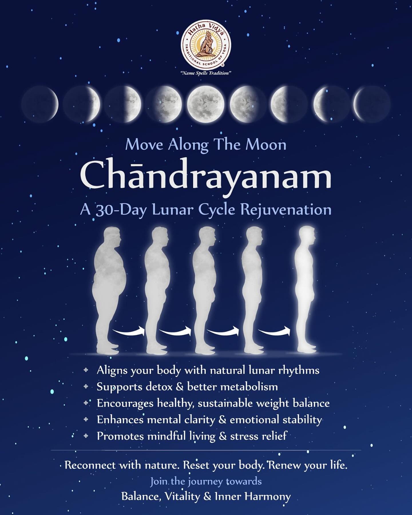 Chāndrayanam is an ancient austerity practice based on the lunar cycles that detoxifies the body and mind, thereby enhancing overall health and promoting inner peace. This unique rejuvenation practice is observed from either full moon to full moon or new moon to new moon.
During the 30-day practice, the practitioner follows a prescribed diet that is steadily decreased and increased according to the phases of the moon, promoting healthy eating habits and gradual weight loss without any side effects.
Realizing its significance in these current times, Hatha Vidya is offering this ancient practice tailored to your needs. Through targeted yogic practices such as asana, pranayama, kriyas, meditation and yogic diet, we help you attain physical and mental health.
Hatha Vidya - "Preserving Yoga For Generations"