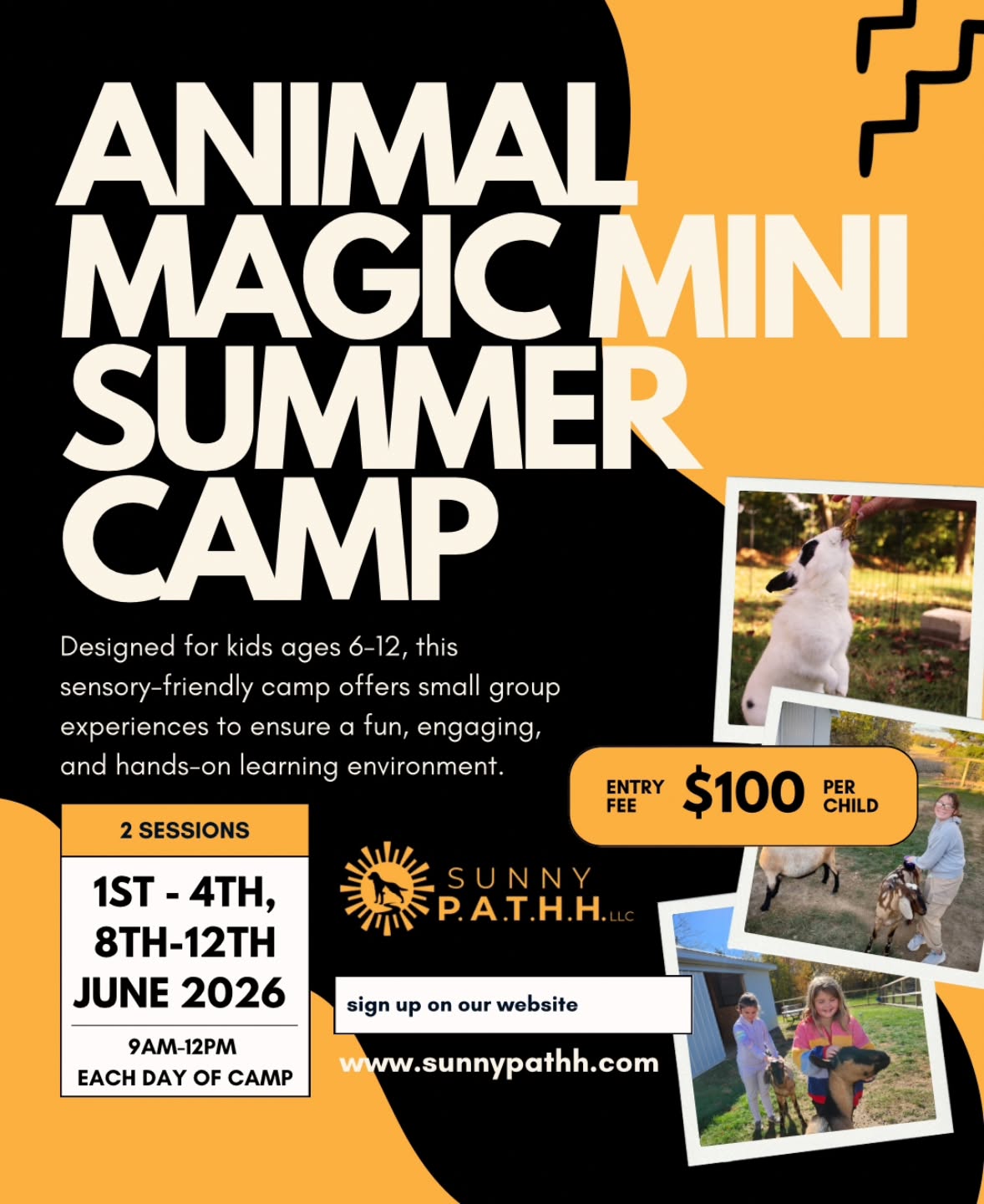 BACK BY POPULAR DEMAND!! Our 2nd Annual ANIMAL MAGIC MINI CAMP is open for registration!! This camp sold out quickly last year, so don't delay! Visit www.sunnypathh.com events page for more details!