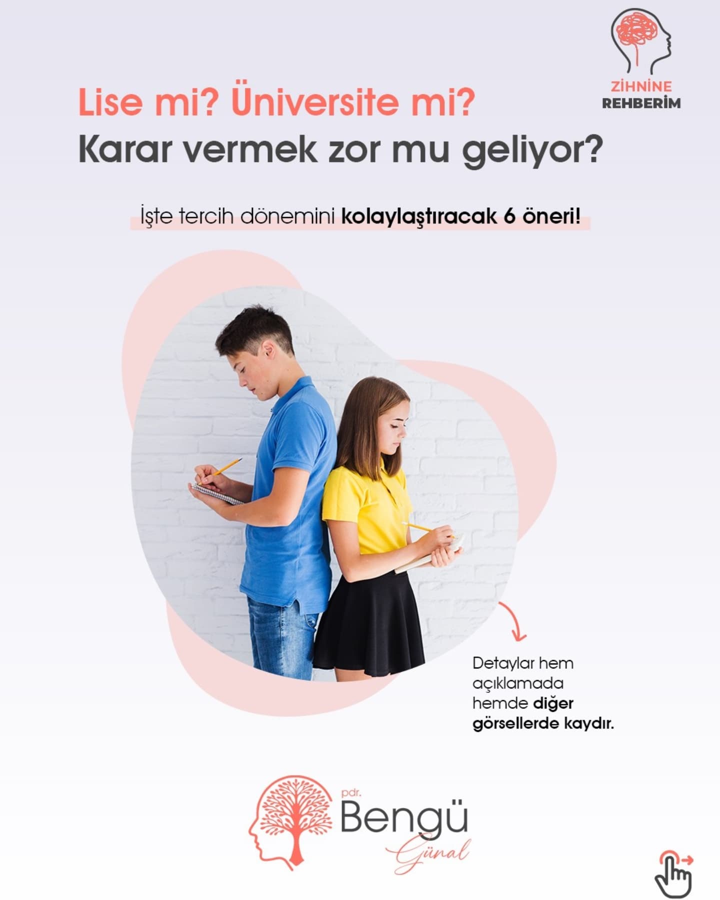 Lise mi? Üniversite mi? Karar vermek zor mu geliyor?
📘 İşte tercih dönemini kolaylaştıracak 6 öneri!
👤 Pdr Bengü Günal
🟦 Kendini Tanı!
🎯 Hangi liseye veya bölüme gideceğini belirlerken önce kendini tanımalısın.
📌 "Ne yapınca mutlu oluyorum?"
📌 "Hangi ortamlar beni geliştirir?"
👉 Tercihler, sadece puana değil karaktere de uygun olmalı.
🟦 Ailenle Sağlıklı Konuş
👨👩👧 Ailenin yönlendirmesi değerli ama seni tanıyan sensin.
🔑 Ortak bir dil bulmak için açık ve net konuşmalar yapın.
✨ Unutma: Fikir ayrılığı varsa bile çözüm iletişimde gizli.
🟦 Sosyal Etkiden Bağımsız Düşün
📱 “Arkadaşlarım şu okula gidiyor” diye düşünerek karar verme.
🎓 Herkesin yolculuğu kendine özeldir.
🧭 Tercih listesi senin geleceğin için hazırlanıyor.
🟦 Hayal mi Gerçek mi?
🌉 Hayaller güzel, ama gerçeklerle denge kurmak gerekir.
📌 Ulaşılabilir hedefler + motivasyon, en güçlü kombinasyondur.
📈 Mükemmel liste = seni zorlamayan ama heyecanlandıran tercihler.
🟦 Kararsızlık Doğal, Yardım Almak Normaldir
🙇♀️ Ne yapacağını bilememek zayıflık değil, insani bir süreçtir.
💬 Bir uzmanla konuşmak; düşüncelerini düzenlemek, yönünü netleştirmek için büyük bir destektir.
📩 Ben buradayım. DM’den ulaşabilir, birlikte yola çıkabiliriz.
🎯 Tercih süreci sadece bir liste değil, bir yön bulma yolculuğudur.
💬 Lise ya da üniversite tercihi yaparken duygusal ve zihinsel olarak destek almak istiyorsan,
📥 DM’den iletişime geçebilirsin.
👤 @pdrbengugunal
#tercihdönemi #üniversitetercihi #tercihdanışmanlığı #sınavsonrası #psikolojikdanışmanlık #onlinepsikolojikdanışmanlık #yks2025 #yksdanışmanlık #gençlikpsikolojisi #kariyerdanışmanlığı #psikolojikdestek #pdrbengü #lisedensonra #kendiniseç #psikolojikgelişim #zihninerehberim