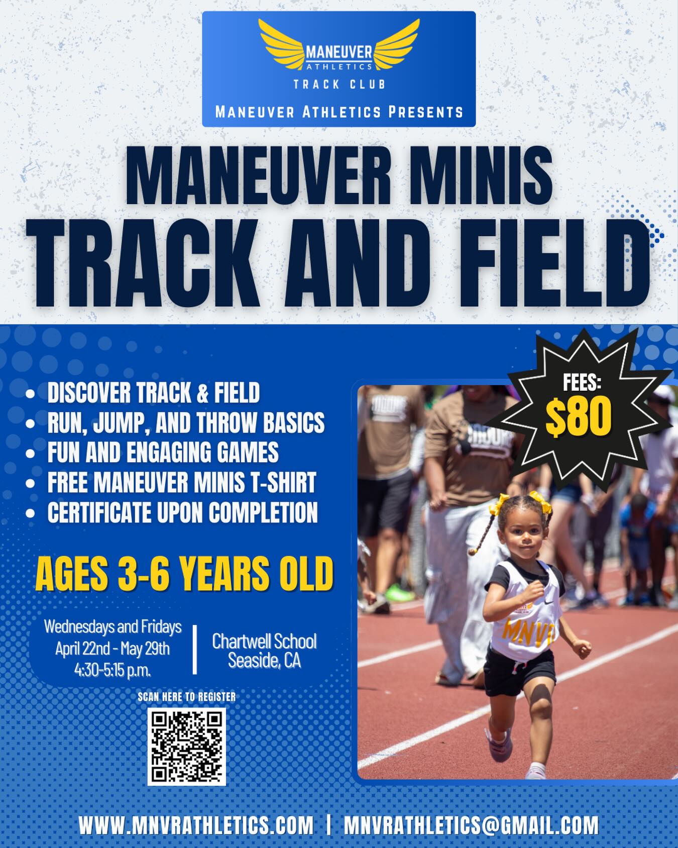 The wait is almost over! Maneuver Minis Recreational Track and Field for ages 3-6 begins Wednesday, April 22 at Chartwell School. Find more info on our website. #nothingslow