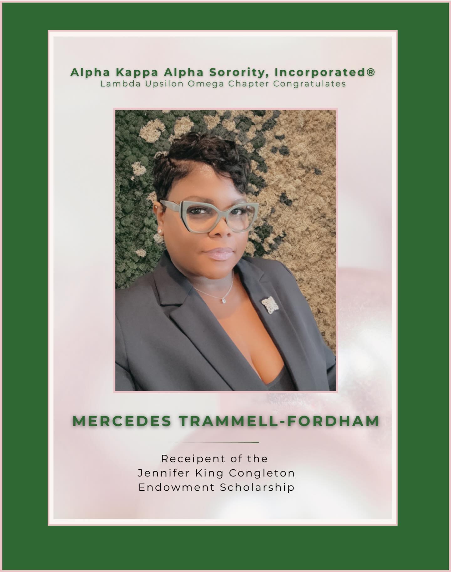 Join us in celebrating this incredible achievement! 💗💚
Congratulations to Mercedes Trammell-Fordham on receiving the Jennifer King Congleton Endowment Scholarship!
A true reflection of excellence, purpose, and perseverance 👏🏾✨
#AKA1908 #BlackExcellence #ScholarshipMatters #SororSpotlight #marc73
