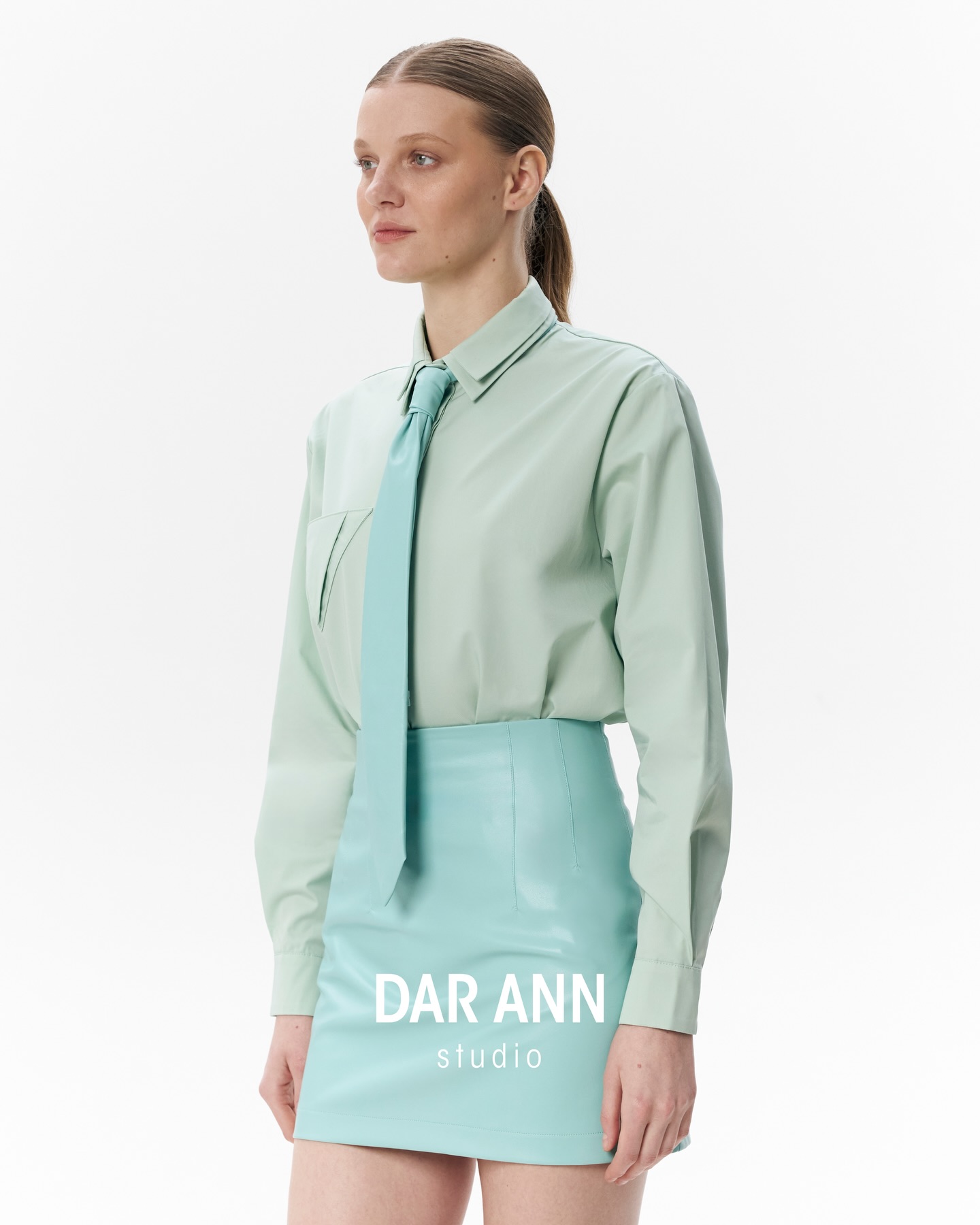 Look 10: BRIEF Skirt and STRIPE Tie in Mint⚡️
.
Who says power dressing can’t be colorful? Bring that eye-catching summer energy to your wardrobe with a mint monochromatic moment.
.
Shop the new drop at www.darann.com