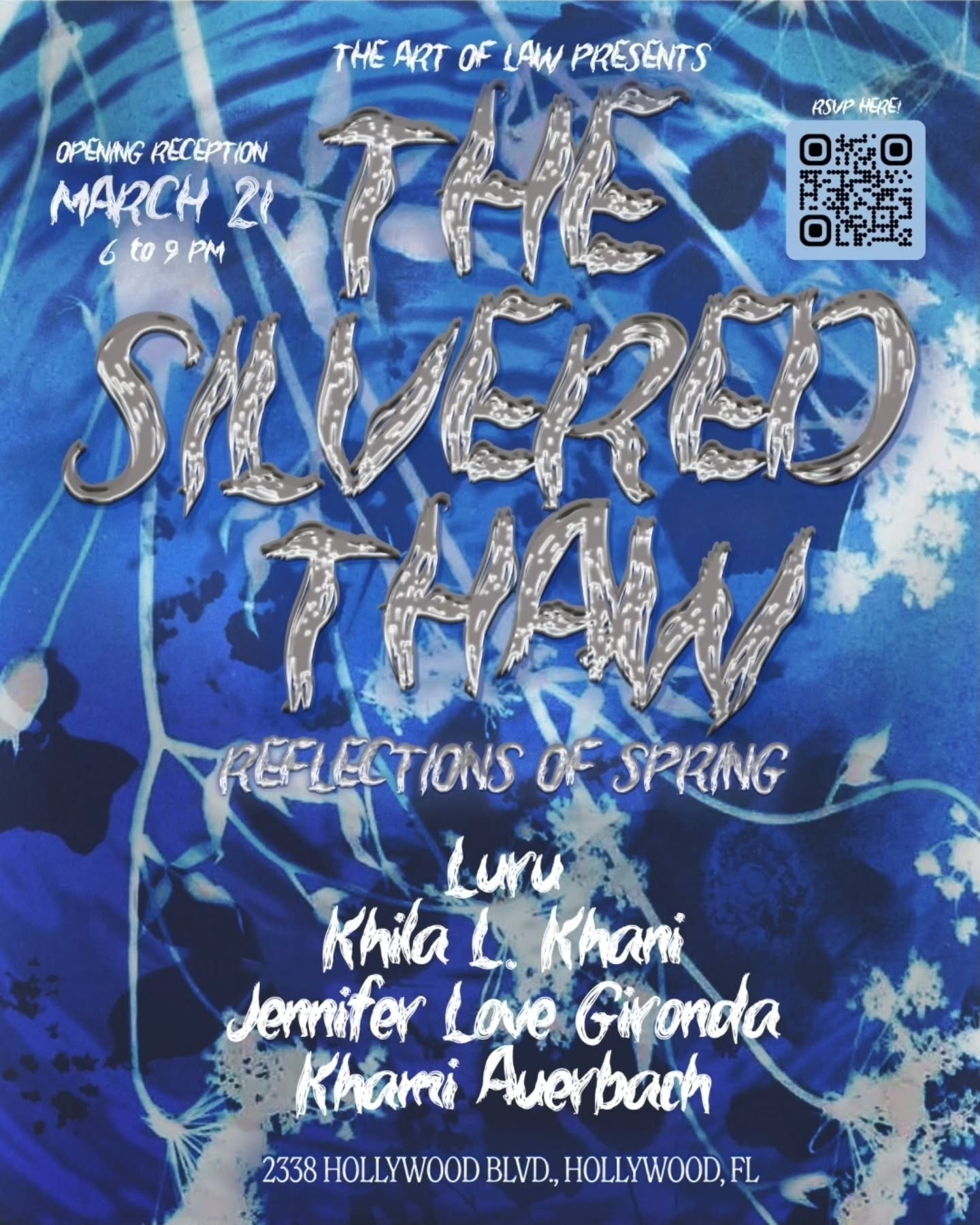 Something special is happening inside a law office in Downtown Hollywood.
The Silvered Thaw: Reflections of Spring transforms The Art of Law into an intimate, multi-artist exhibition exploring reflection, identity, and transition through four distinct perspectives.
Featuring works by Khila L. Khani, Khami Auerbach, LuRu, and Jennifer Love Gironda, this experience blends real, unedited photographic reflections, deeply personal visual narratives, and an interactive photo installation that turns the lens back on you.
This is not your typical gallery night. It is designed to make you pause, look, and actually feel something.
RSVP is required with timed entry and space is limited.
Saturday, March 21
6PM to 9PM
2338 Hollywood Blvd
RSVP online in advance to secure your spot.
@theartoflaw_ #Choose954 #HollywoodFL #ArtExhibition #ThingsToDoSouthFlorida #SupportLocalArtists @khaniauerbach