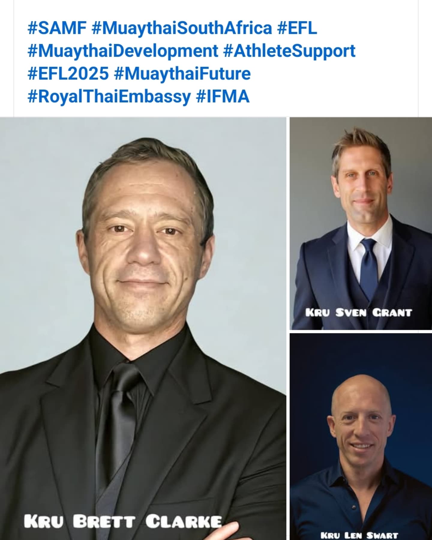 🔥 Exciting News from the South African Muaythai Federation (SAMF)! 🔥🇿🇦
The newly appointed SAMF Board of Directors is proud to announce a bold and dynamic new chapter for Muaythai in South Africa!
Led by:
🥊 President – Kru Brett Clarke
🥊 Vice President – Sven Grant
🥊 Secretary General – Lennert Swart
Together, this leadership team is committed to elevating Muaythai to the highest level across the country with a clear, transparent, and athlete-first approach.
🚨 EFL Recognized as Premier Promotion
With the full approval and support of SAMF, we recognize Eclipse Fight League (EFL) as South Africa’s premier Muaythai promotion. The new board is backing EFL in all their efforts to grow and showcase the sport on professional platforms. Without EFL, reaching the federation’s goals for top-tier Muaythai development would not be possible.
📚 Standardized Training Syllabus Coming Q4 2025
SAMF will be launching a nationally standardized Muaythai training syllabus,IFMA-aligned education, information, and documentation.
💰 Financial Support & Growth Initiatives
With the aid of Sven Grant and the Royal Thai Embassy, SAMF will be securing financial support to uplift our gyms, athletes, and events. A core focus will be on athlete support, new gym registrations.
🤝 Transparent Leadership. Real Opportunities.
The SAMF is now fully focused on transparency, development, and opportunity creation for all members and affiliates. We welcome your input, collaboration, and participation as we move forward together.
📧 For any queries, suggestions, or registrations, please contact:
👉 lennert.samf@gmail.com
🔺 The future of Muaythai in South Africa is bright – and it starts now, with SAMF leading the way!
#SAMF #MuaythaiSouthAfrica #EFL #MuaythaiDevelopment #AthleteSupport #EFL2025 #MuaythaiFuture #RoyalThaiEmbassy #IFMA