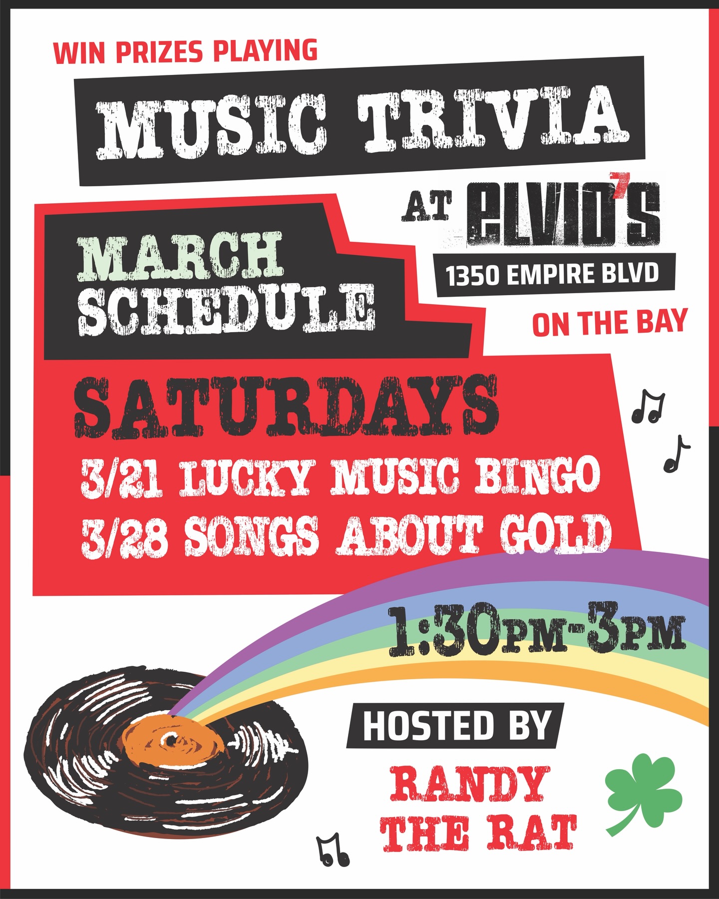 Music Trivia This Weekend
Saturday 3/21
1:30pm-3pm
Lucky Music Bingo
On the Bay. 1350 Empire Blvd
#ElviosCoffee #MusicTrivia #RochesterNY #WeekendPlans #CoffeeShopEvents