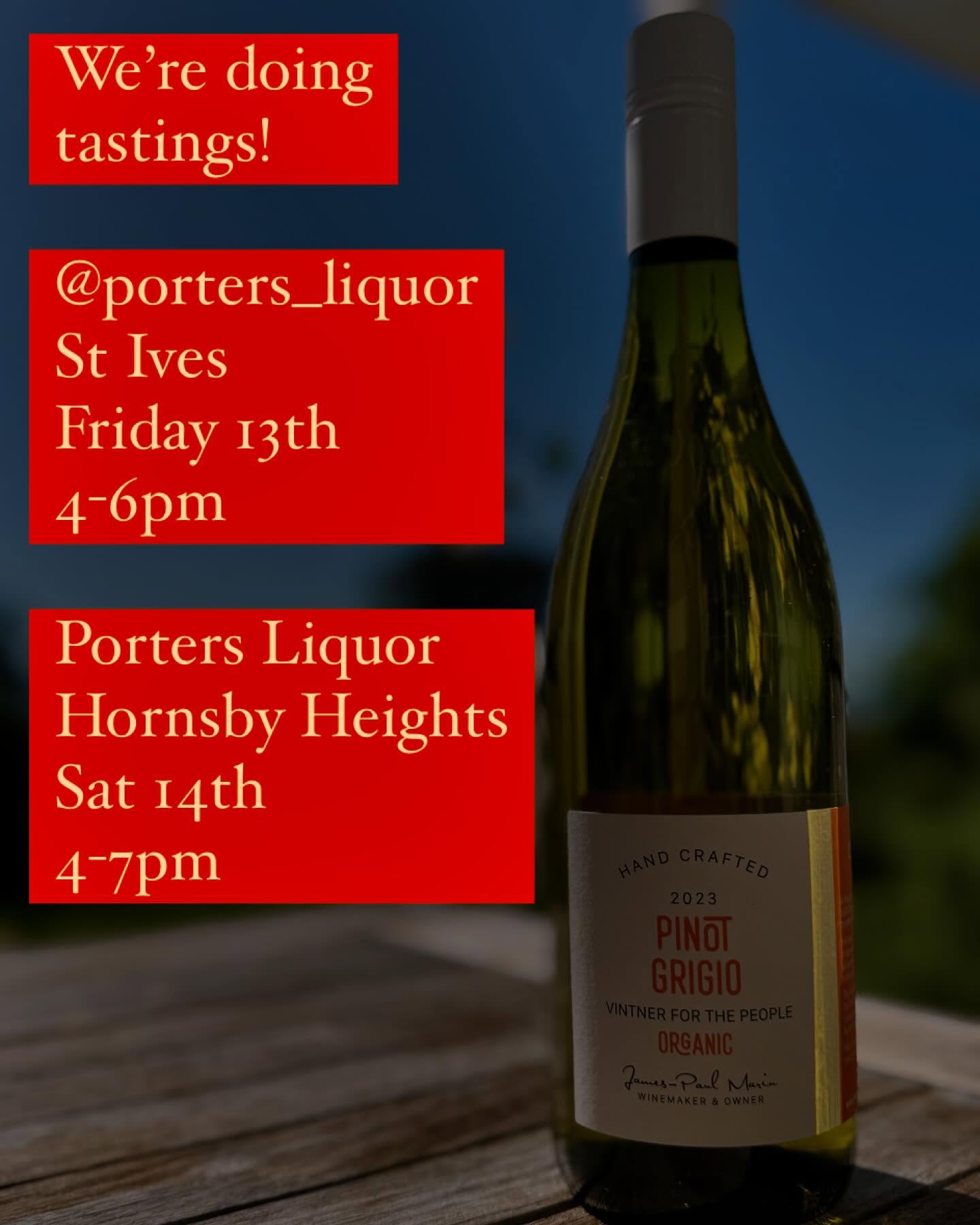 Come taste our wines @porters_liquor!
We’ll be st the St Ives store tomorrow night 13th December and then at Hornsby Heights tomorrow from 4-7pm!
#winetasting #wine #winestagram #whitewine #redwine #redwine🍷 #winelover #winelovers #verdelho #sauvignonblanc #pinotgrigio #shiraz #grenacheshirazmourvèdre #wildwinds
