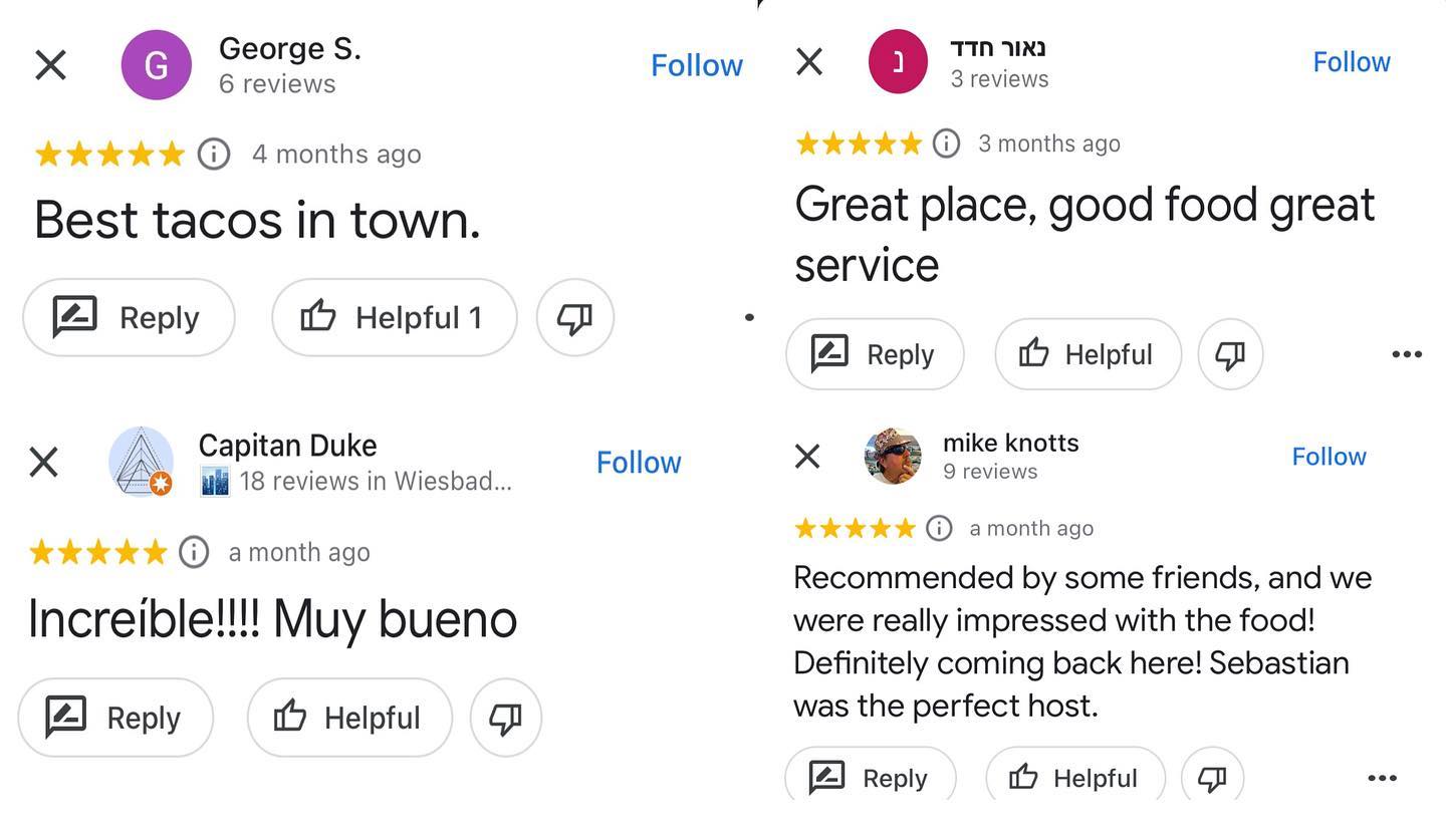 With our 100th Instagram post we celebrate >300 Google reviews on Sombrero Latino and we would like to share with You few we recently received 🥰🥰
We took this Restaurant @sombrero_latino a little over 1 year ago and seeing this comments melts our hearts 😊☺️ and make us believe that what we do brings joy, happiness and deliciousness to our guests!
Without You it wouldn’t be us!
⭐️⭐️⭐️⭐️⭐️
Edit. BEST TACOS IN TOWN!! #tacos 🌮
#putonsombrero #sombrero #latino #latinogang #sombrerolatino #sombrerolatinowiesbaden #wiesbaden #foodie #100 #100post #potsrestaurant #restaurant #1year #restaurateur #share #comment #food #tacos #steak #latino #cuisine #fusion #homemade #madewithlove