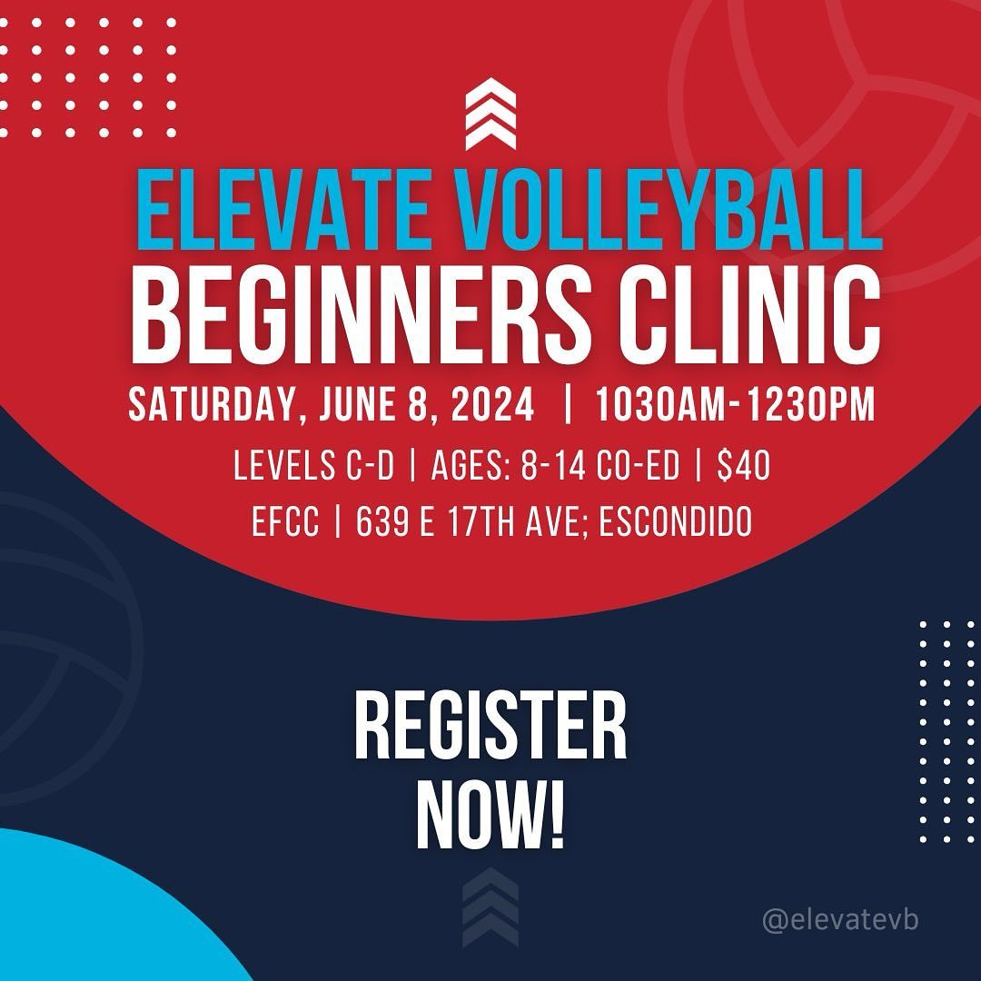 Beginner clinic coming up June 8! Do you have a 8-14 year old who is interested in volleyball and wants to take a wack at it? We have some of our club girls and Coach Laura setting up shop to introduce fundamentals and dunk beginners into the sport and technique. This is a great place to get a taste of @elevate_vball with zero pressure and little commitment. Saturday, June 8, 1030-1230 hosted at @emmanuelfaithchurch’s gym. Cost: $40. Register via the link in profile. Check out our website for more details! Please share and invite a friend! #Sandiegovolleyball #escondidovolleyball #northcountyvolleyball #volleyballlessons #volleyballclinic #volleyballclinicsforkids #beginnervolleyball #elevatevb #elevatevbclinics #elevatesummer
