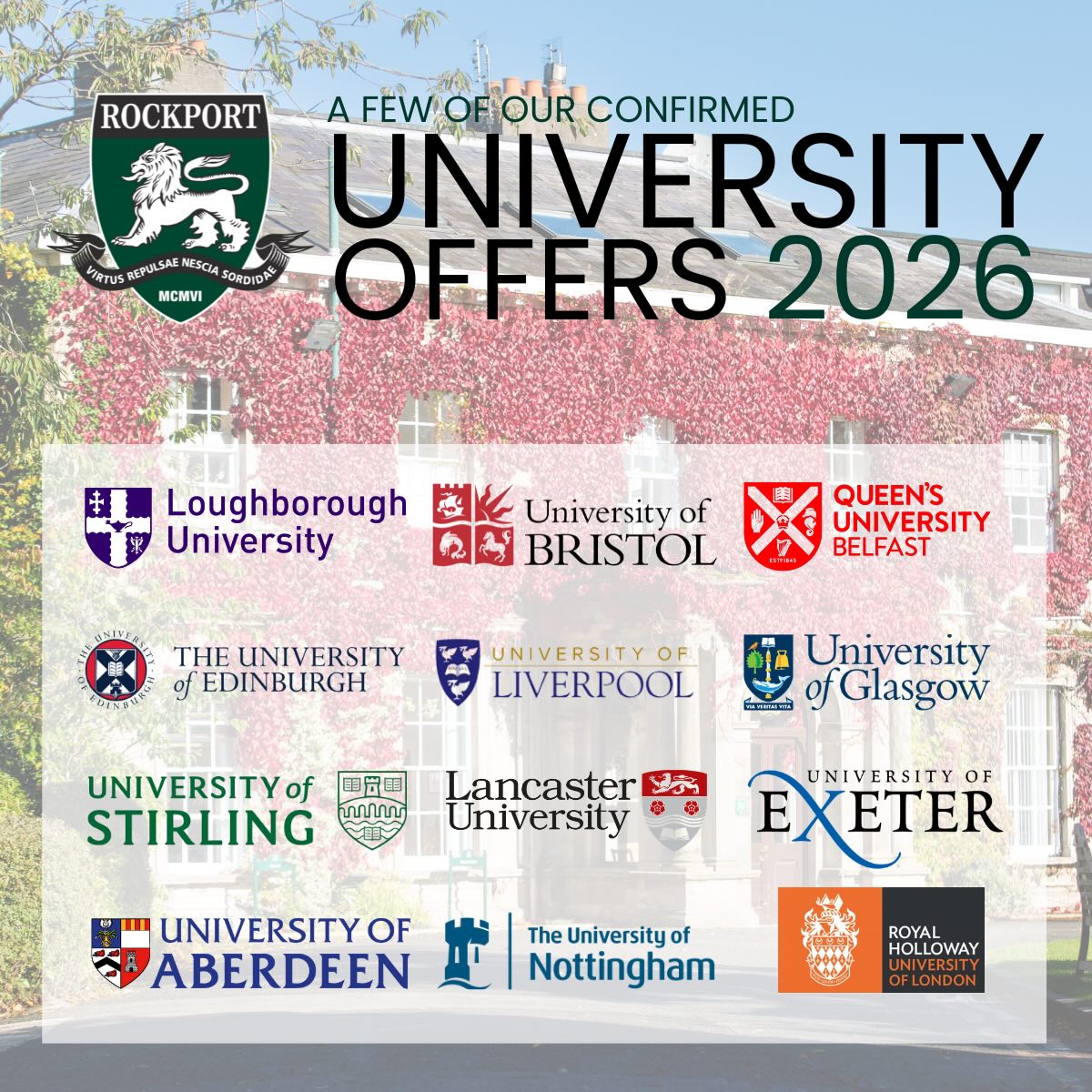 As we initiate a week of activities to celebrate 10 years of Sixth Form at Rockport School, we proudly share some of the university offers already made to our Class of 2026.
The calibre and wonderful variety of offers and universities demonstrates the effort, ambition and individuality shown by our Sixth Form students.
It is a testament to the dedication of our pupils, and the success of our Sixth Form function, that this year’s cohort have had the opportunity to consider some of the UK’s top universities, apprenticeship schemes and scholarship offers.
We are ever proud of this wonderful group of pupils, and look forward to celebrating their success as the year progresses; and watching them thrive as Old Rockportians.
#IndependentSchool #UKBoardingSchool #SixthForm #UniversityOffers #RoundSquare