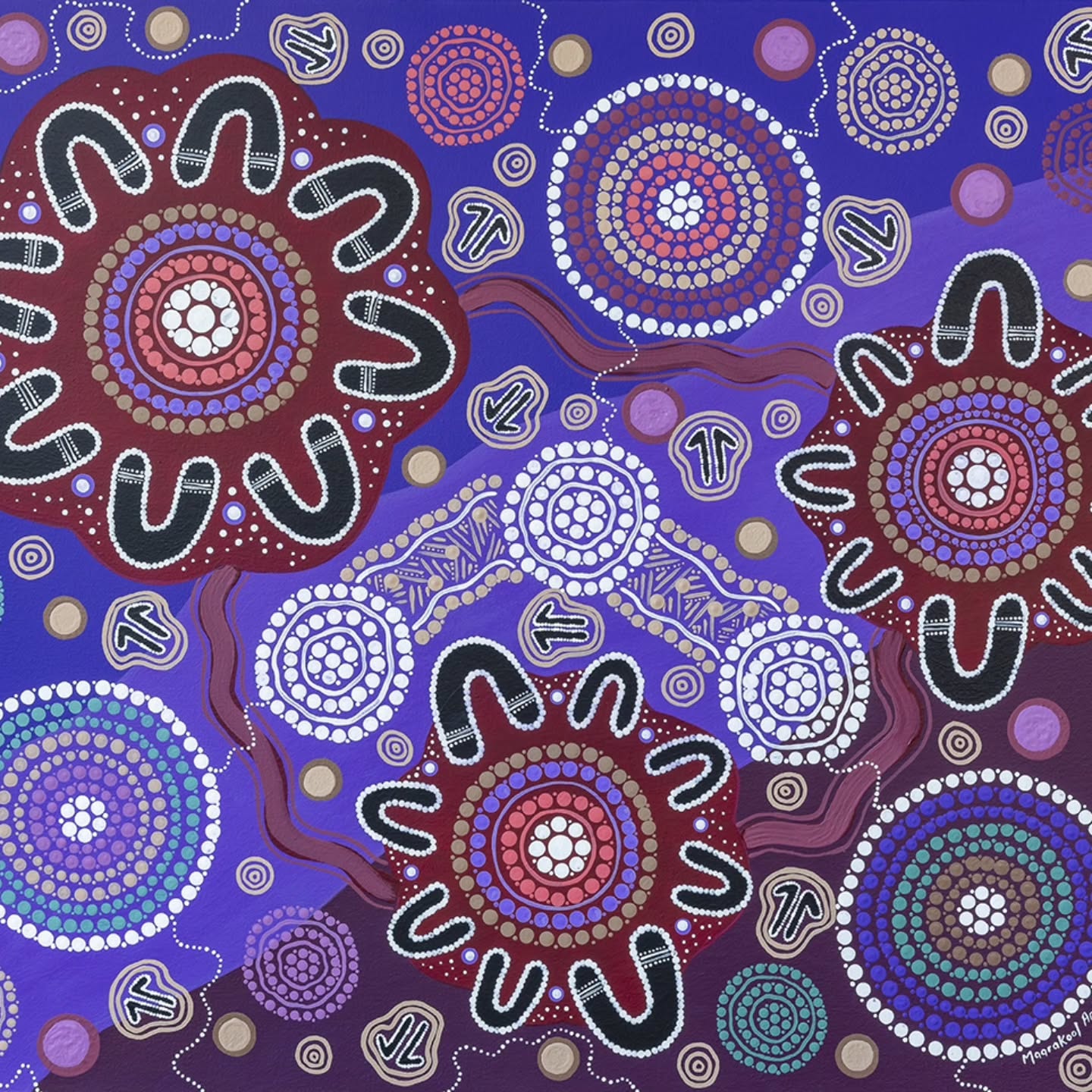 Family Across the Lands 💜👣
This artwork tells a story of family — across generations, across Country, and across time.
The winding pathways represent the journeys we take to meet, gather and reconnect — both physically and spiritually — guided by our Elders and the footsteps of those who came before us. We come together to share stories - of old times, of knowledge and of caring for Country, passing these learnings down to the next generation.
A story of connection, culture and kinship — weaving strong bonds of family and identity, no matter where we travel 🫶🏿
#canvasart #ArtCommissions #storytelling #AboriginalArt #aboriginalartist