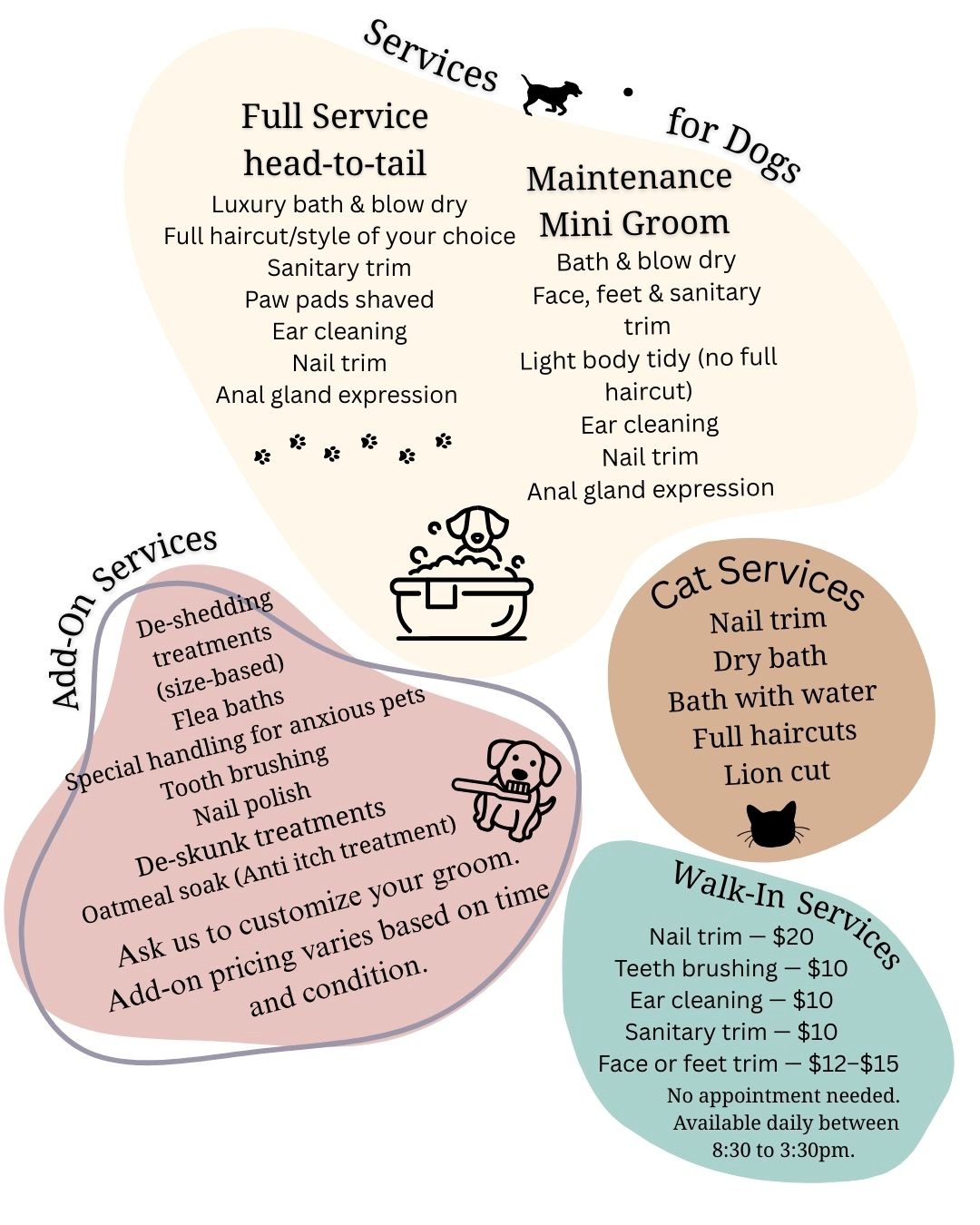 ✨ Pampering pets, one groom at a time! ✨
At our grooming salon, we offer:
🐾 Full-service grooming
🐾 Nail trimming & filing
🐾 Ear cleaning & hygiene care
🐾 De-shedding treatments
🐾 Breed-specific cuts
🐾 Puppy’s first groom specials
Your pet deserves to look and feel their best 💕 Book with us today!