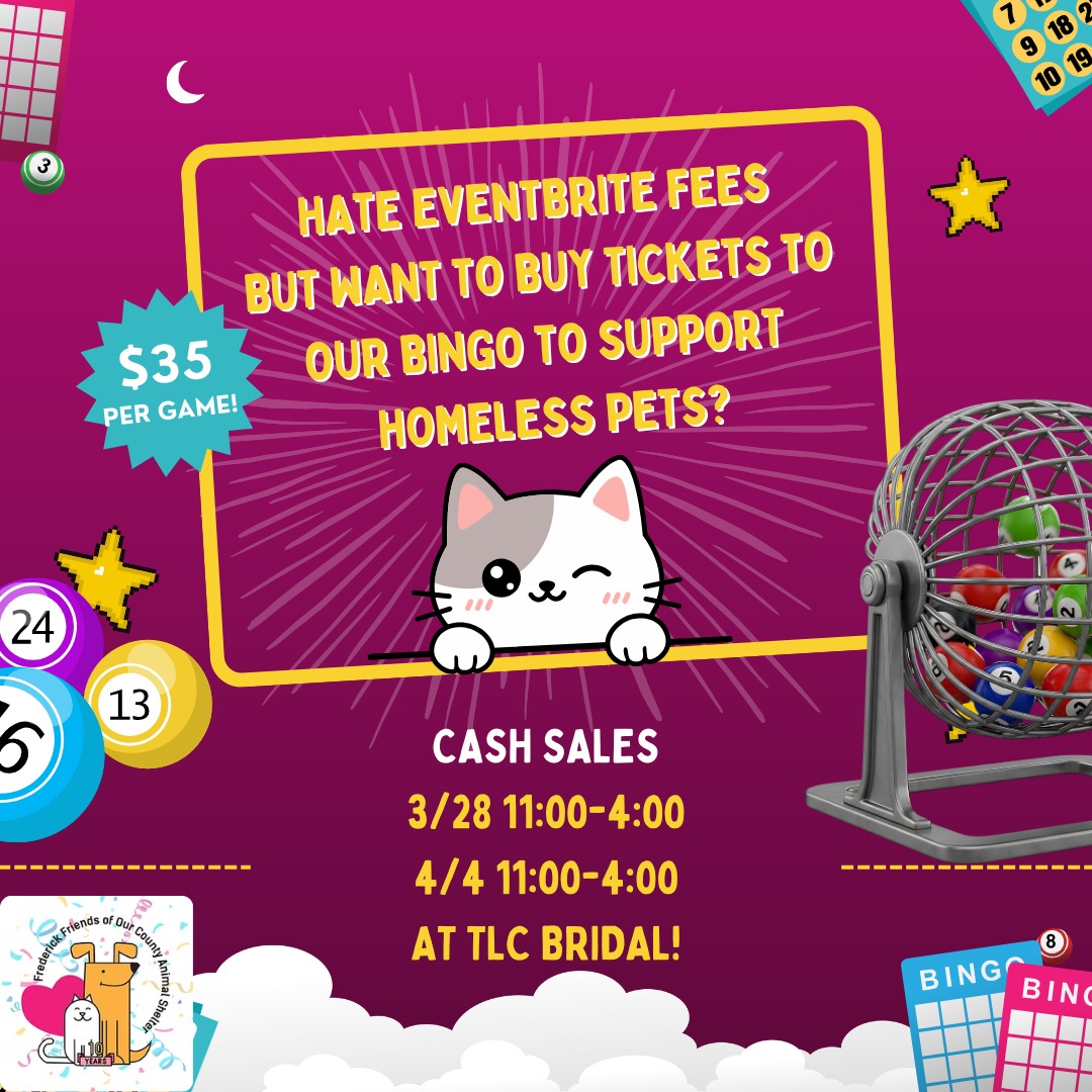 Our annual Bingo for our local homeless pets at @fredcoanimalshelter is on April, 19th!
We are so thankful to @tlcbridal for hosting Bingo ticket sales for cash on these dates and times below! It's $35 per games so bring your cash and we will get you ready for Bingo!
Don't want to wait? Book your tickets here!
https://FFOCASBINGO2026.eventbrite.com
#bingo #bingofans #bingopeople #binglovers #charitybingo #cashbingo #frederickmdbingo #homelesspets #ffocasfactfriday #shelterpets