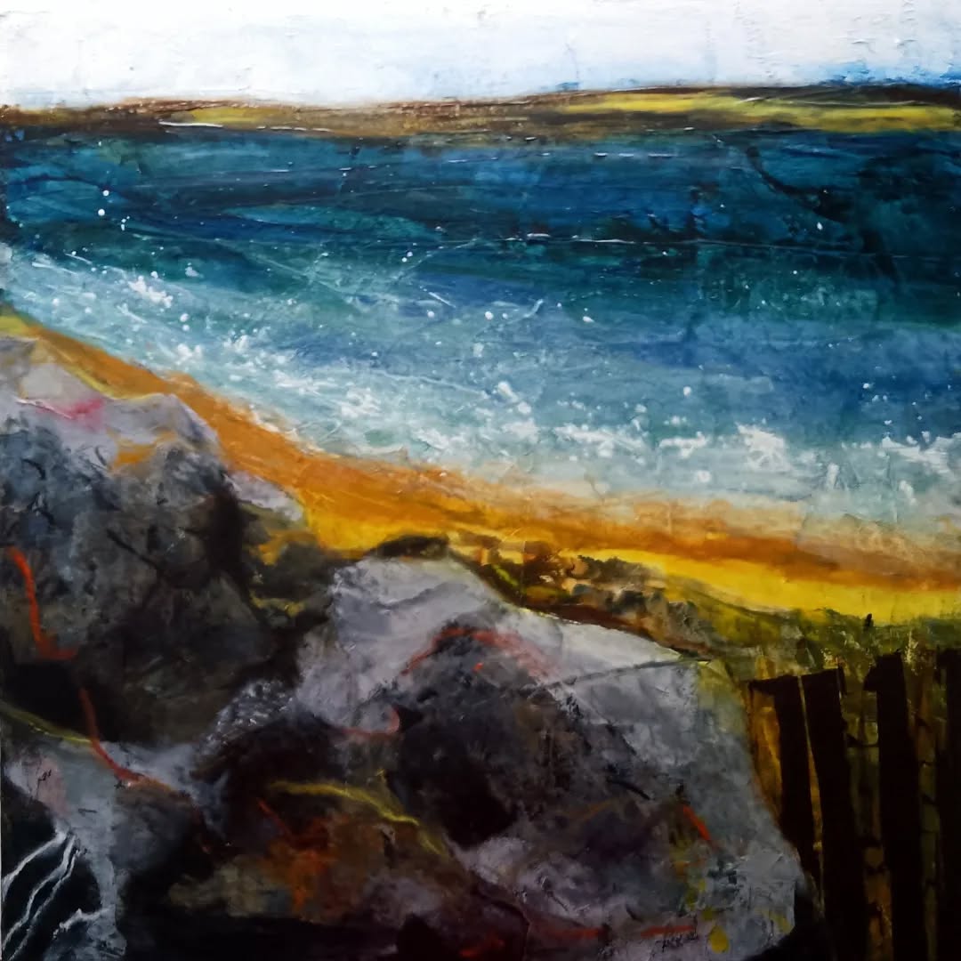 I've enjoyed exploring a theme over the summer, with some new processes and media. All at Y Ty Celf gallery in John St, Llanelli.... Good to work on a 100cm x 100cm piece as well.
Soft Land,
tender heart,
yielding.
No hard edges, sharp
corners.
Rounded by the sea work
to smooth, mould,
break, delve deep,
deep into corporate memory,
then - now moments of meeting
to see them rise,
resolve and
rest.
#Cymru #healingtheland #healinghearts #acrylicandink #acrylicpainting #acryliclandscape #abstractart #abstractpainting #colour #semiabstract