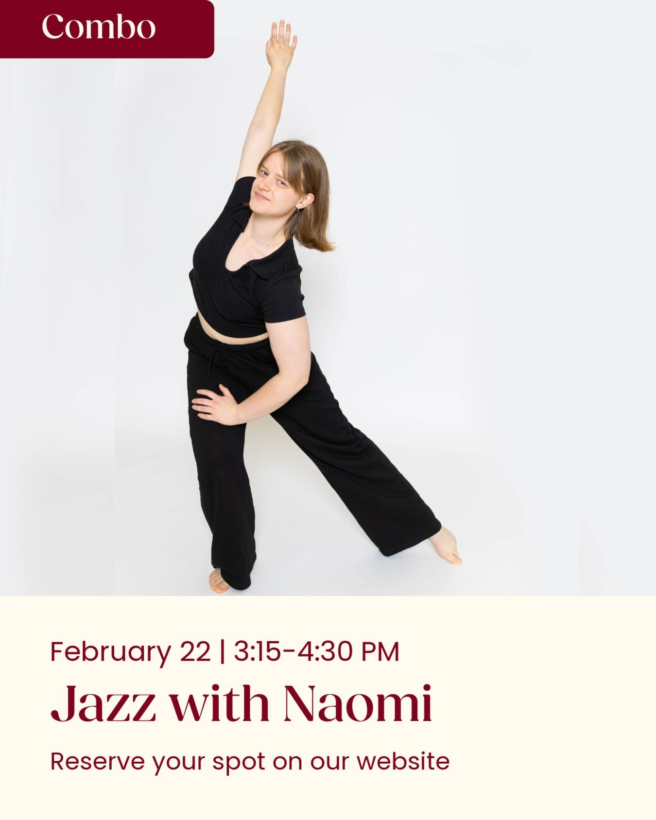 Join Naomi for a Jazz Combo class this Sunday March 22 at 3:15-4:30pm! Classes are $10/person (and free for a new friend with our bring a friend program) and can be reserved on our website.
