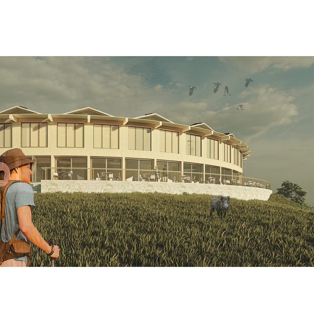 Project 3
Eco Hotel Catalonia
Named after the Tavertet living Catalonian philosopher, Raimon Panikkar (1918-2010). The Raimon Panikkar Hotel design follows this philosophers ideas around the interconnection between nature and humanity, rather than commercially exploiting the site with a human-centric, solely view-oriented volume. The hotel places nature at its center and raises environmental awareness among visitors.
Built with local granite and wood/clt in a strict 3m grid alone, the construction is completely prefabricated in elements; lowering construction effort and environmental impact.
The granite walls carve out of the mountain and are topped with a light wooden construction that reflects the surrounding nature where the trees grow out of the cliffs. A site visit showed a natural spectacle, defining the genius loci.
Due to the climatic conditions of the Pre-Pyrenees in combination with the Panta de Sau, intense morning fog develops.
A low-tech design with fog collectors and solar chimneys can harvest the fog and create natural ventilation. The naturally collected water and the solar panels on the roof allow the hotel to function primarily self-sufficient.
Beneficial impact on the local community, the hotel creates jobs for regional employees. Guests can stay for a few hours or several weeks and enjoy the local cuisine, relax in the spa, visit workshops for sustainable tourism and species protection, and above all reconnect with nature.
#architecture #architect #render #architectural #rendering #hoteldesign #masterthesis #circle #bestnewarchitects #modelarchitecture #potd #new #realestate #design #designhotel #larsenliverpool #architecturecompetition #woodarchitecture #ecofriendly #newpost #architecturelovers #studentwork #archiporn #archigram #hotel #newartist #arquitectura #arch #discover #architecture_hunter