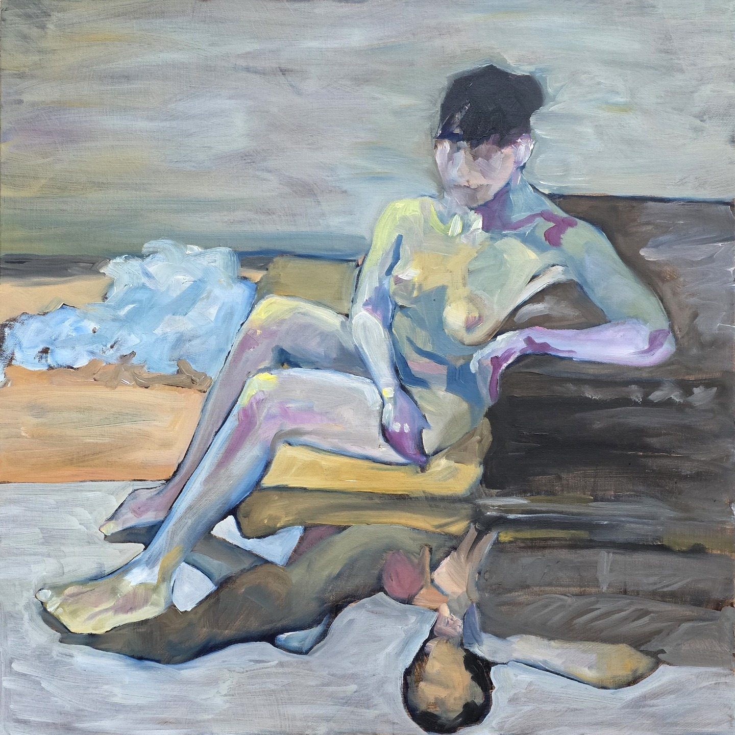 Life studies, working with a mirror. For centuries, figures have been painted with mirrors and reflective surfaces. Often this has been to criticise the subject and justify male gaze.
I wanted to paint the model in comfort and yet strength, and had access to a mirrored sheet of polycarbonate, which was placed on the floor.
Although painted conventionally orientated, I am not sure if I like it better rotated 180 degrees, having the feel of a model looking down from a painted ceiling.
#mirror #lifestudy #oilpainting #reflection #aberystwythschoolofart #stripeyhoundart #uniorbust