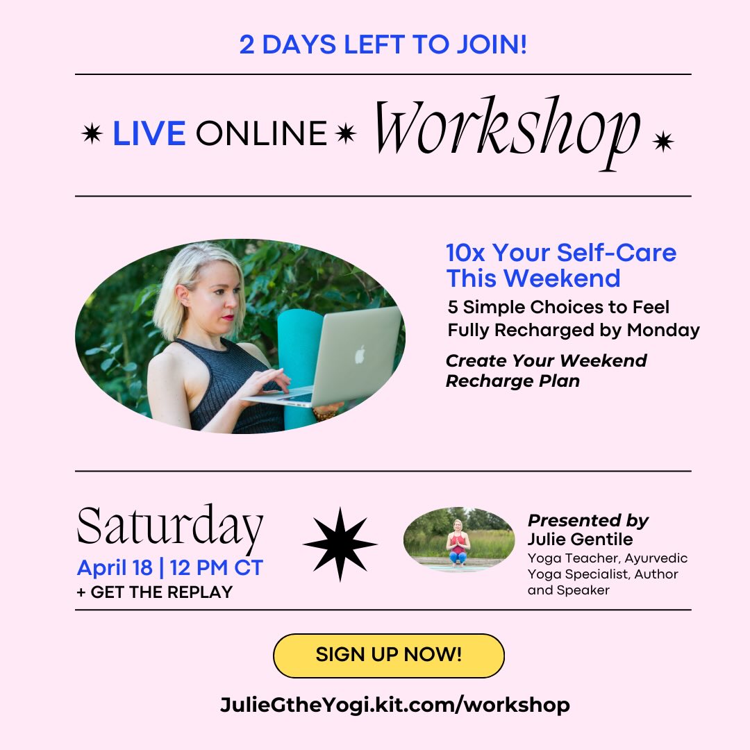✨ 2 days left to join this workshop I’m only offering ONCE in 2026! ✨
If your weekends tend to disappear in errands, obligations and catching up and Monday arrives before you ever feel truly recharged — this workshop is for you.
✨ 10x Your Self-Care This Weekend: 5 Simple Choices to Feel Fully Recharged by Monday ✨
Saturday, April 18 | 12 PM CT
In this LIVE 1-hour online workshop, you’ll learn how to:
✨ Create your Weekend Recharge Plan once — by making 5 simple self-care choices — and refer to it again and again
✨ Step into Monday recharged and ready for the week
✨ Turn occasional self-care into a lasting routine
In my 15 years of teaching yoga and guiding hundreds of students, I’ve learned that self-care doesn’t have to be complicated — it just has to be consistent.
I’m getting ready for the workshop as you read this!
🌿 Don’t wait to join! — Your Weekend Recharge Plan is waiting for you. Start by clicking the link in bio 🎟️
#EnrollNow #EnrollingNow #OnlineWorkshop #SelfCareRituals #YogaTeachers