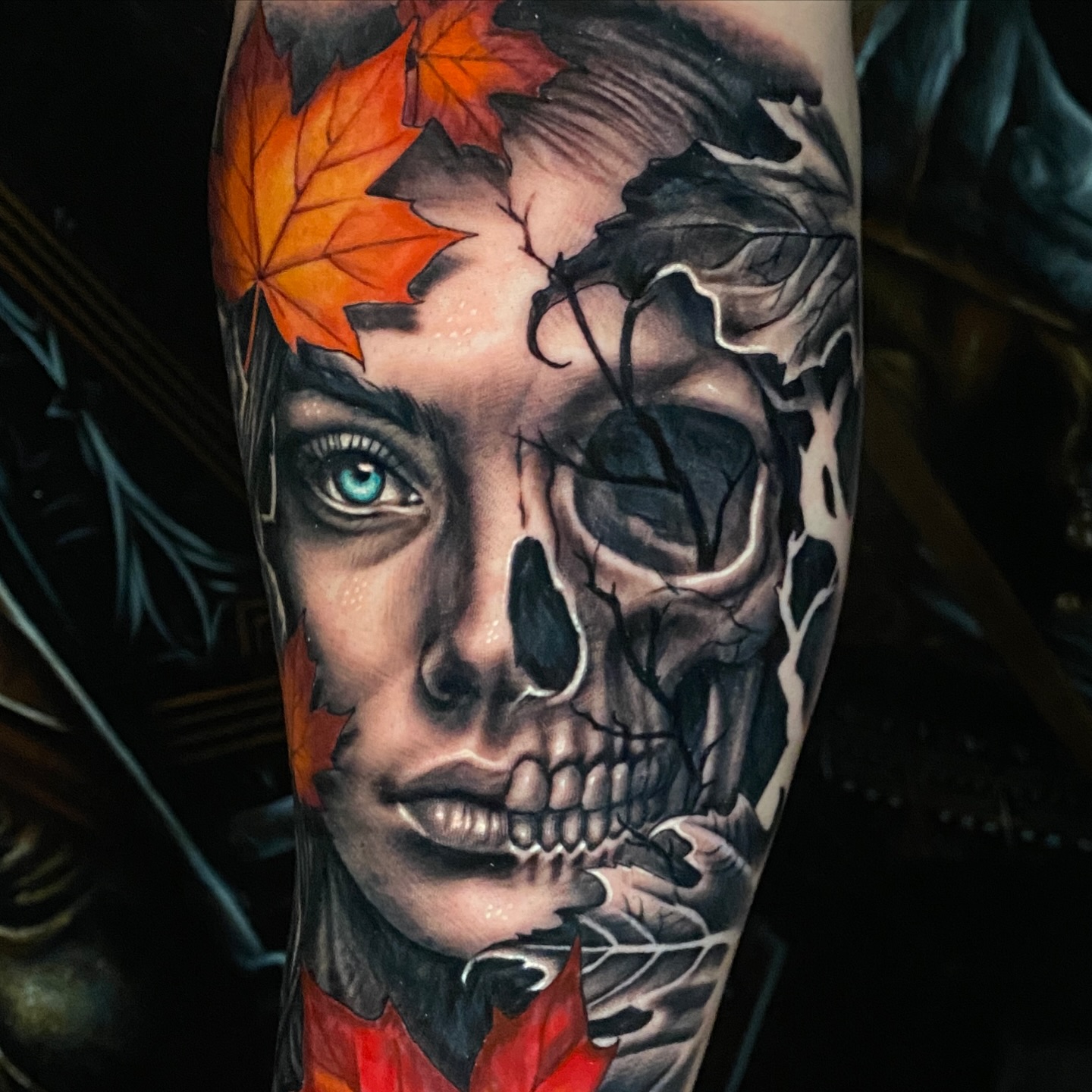 Big day with @bearded_bertan ! Having fun lately including a but if color in some of my work!
.
Thanks for looking!
.
.
Follow @scottie.tattooer
And @fortunesfavourtattoo
.
.
#dayofthedead #lifeanddeath #hiddenbeauty #lifeisfortheliving #mentalhealthawareness